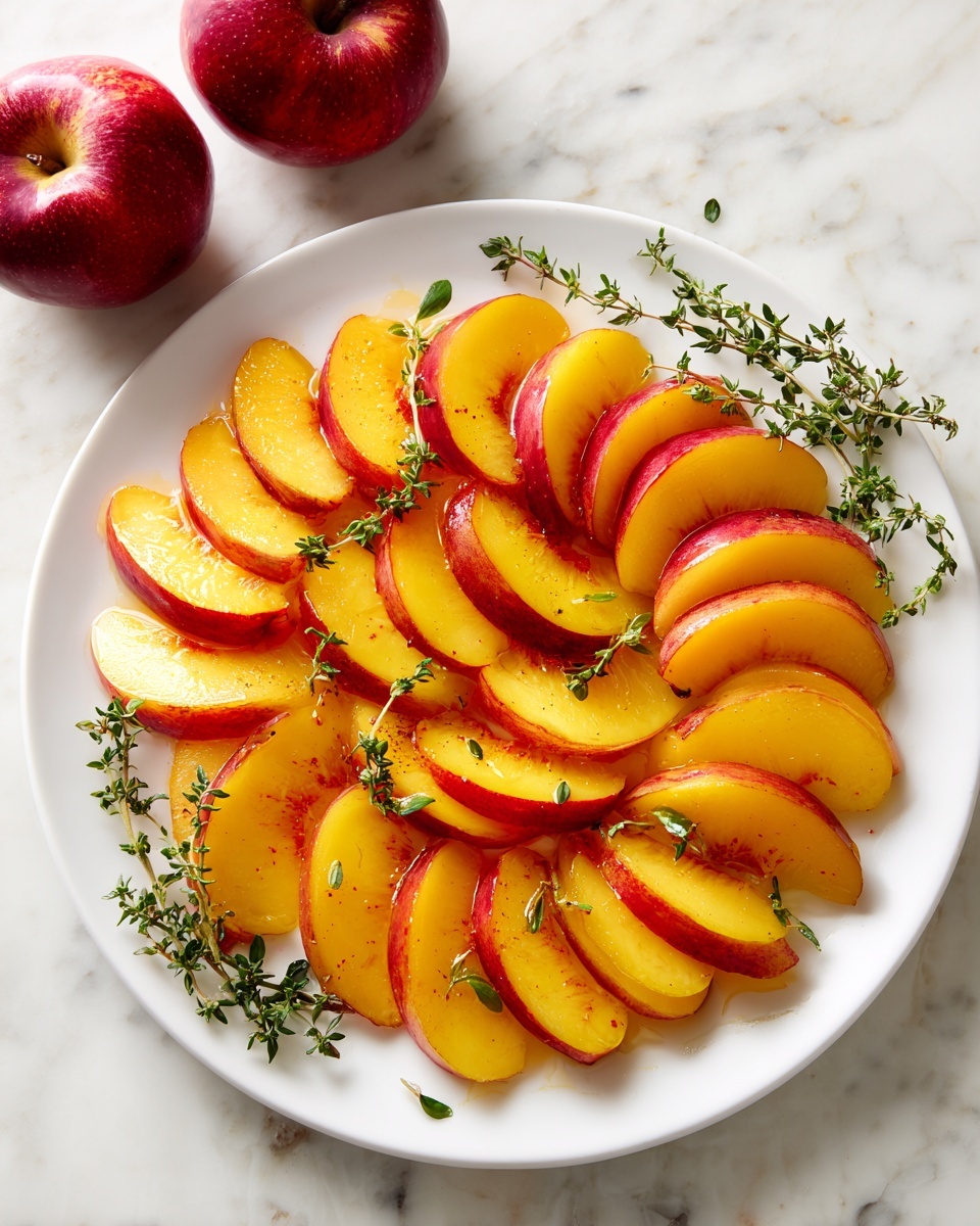 A white plate holds two layers of sliced peaches arranged in a circular pattern. The peach slices have a bright yellow-orange color with red streaks near the edges and are smooth and shiny. Scattered green thyme sprigs with small leaves lie on top and around the peach slices, adding a fresh touch. The plate sits on a white marbled surface with two red apples placed near the top left corner. photo taken with an iphone --ar 4:5 --v 7