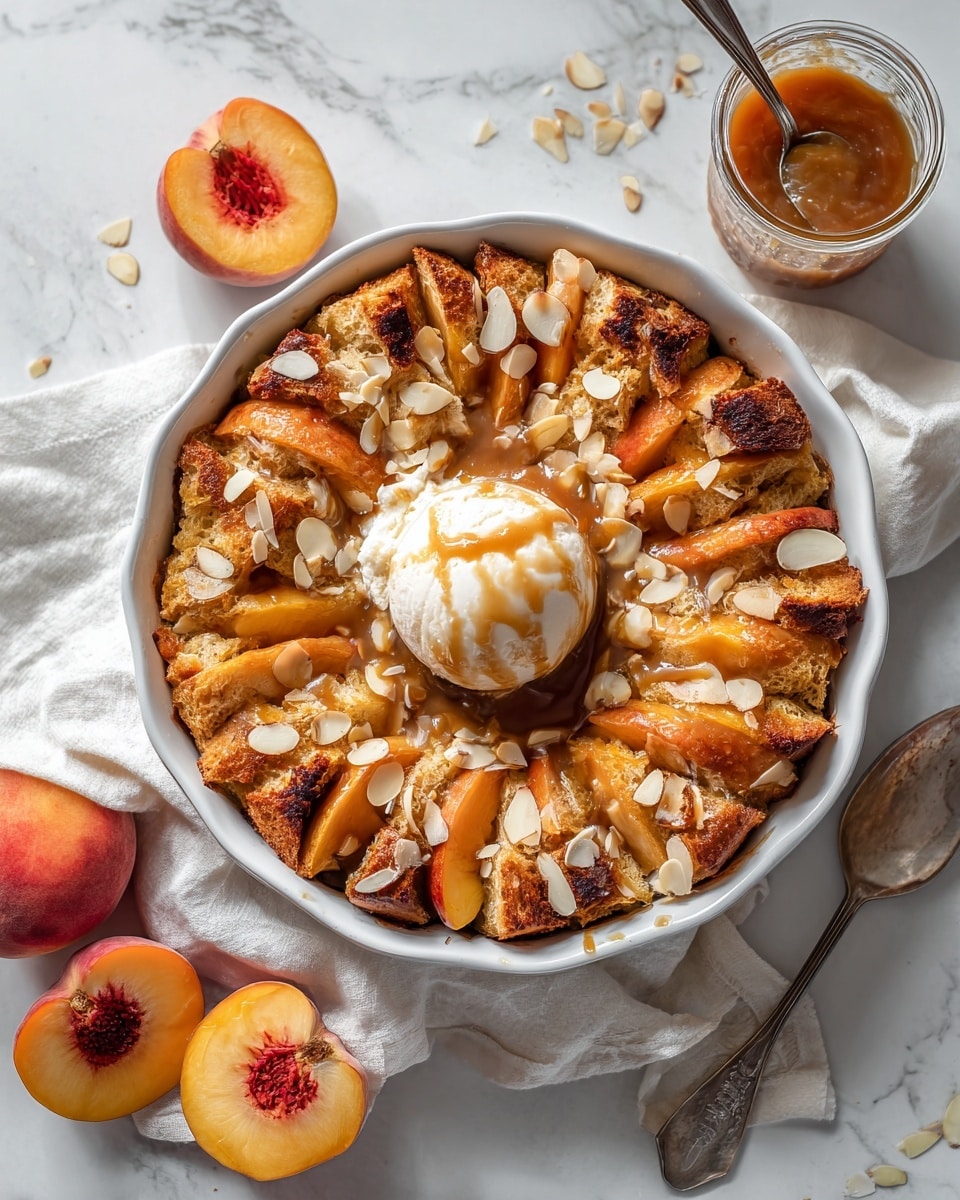 Almond Peach Bread Pudding with Caramel Sauce and Italian Ice Cream Recipe