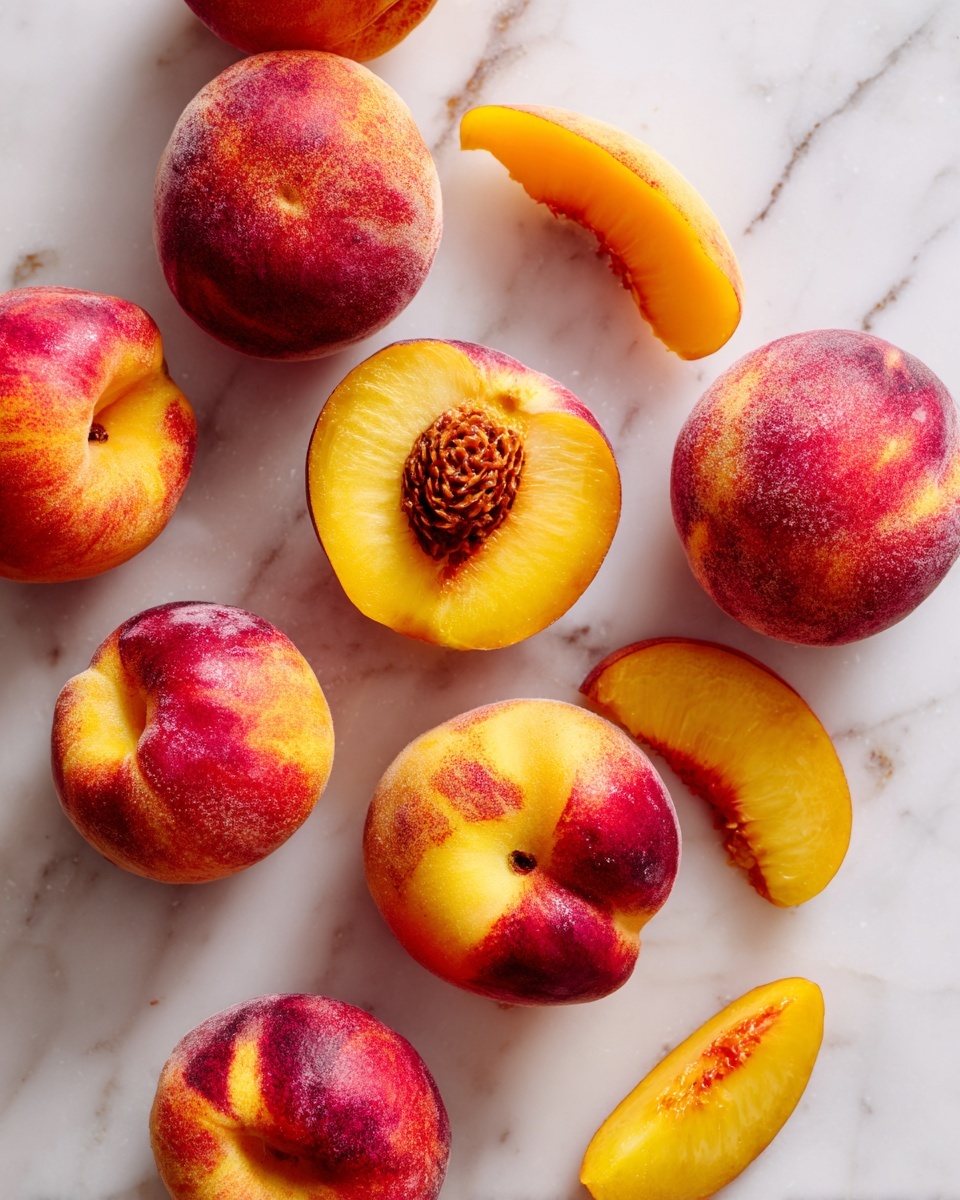 The image shows a group of whole peaches and peach slices scattered on a white marbled surface. There are nine whole peaches with fuzzy skin in shades of pink, red, and yellow. Among them, one peach is cut in half, revealing its yellow flesh and the central pit. Two peach slices with the same yellow-orange flesh lie nearby, showing their curved shape and soft texture. The peaches are casually placed without any specific order, highlighting their natural look. photo taken with an iphone --ar 4:5 --v 7