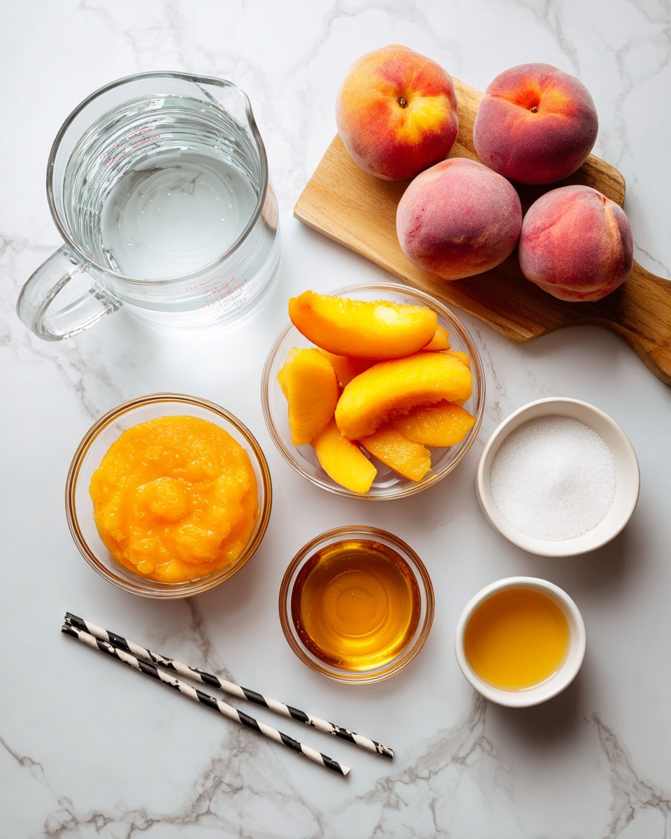 The image shows six ingredients placed on a white marbled surface. At the top left is a clear glass measuring cup filled with 5 cups of clean water. To its right, several whole peaches with a pink and orange fuzzy skin sit on a small wooden board. Below the peaches, a clear glass bowl contains two cups of frozen peach slices with a light frost. Directly below the water, there is a clear glass bowl with two cups of smooth, orange pureed peaches. To the right of the puree is a small white bowl filled with 3/4 cup of white granulated sugar. Below the sugar, another small white bowl holds 3/4 cup of golden honey. At the lower left, a family-sized tea bag with three small teabags wrapped together rests on the surface, near two black and white striped straws. Each ingredient is labeled in bold black text. Photo taken with an iphone --ar 4:5 --v 7