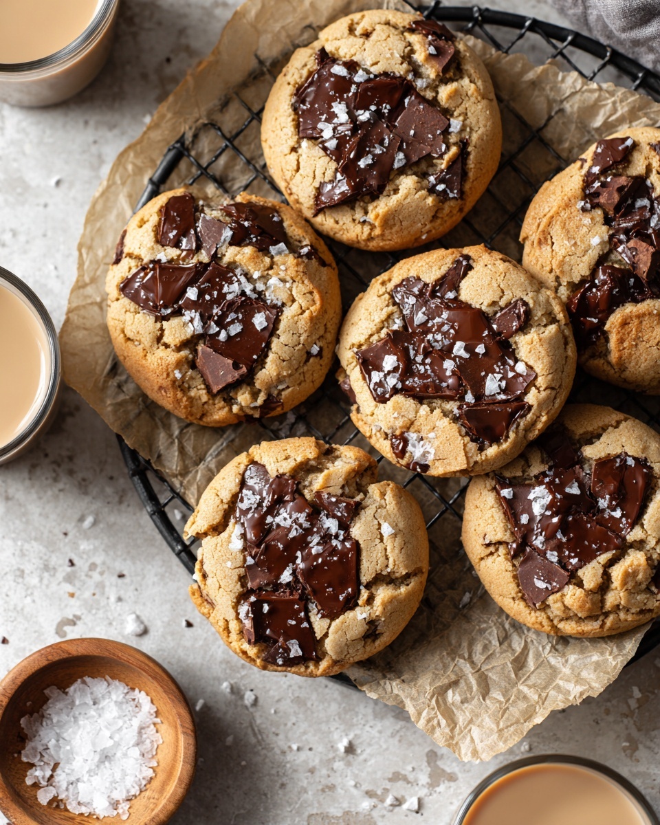 The image shows a group of golden brown cookies with large chunks of melted dark chocolate on top, placed on a black cooling rack over crumpled light beige parchment paper. Each cookie has an uneven round shape with a soft, textured surface and shiny, gooey chocolate pieces embedded in the dough. Some cookies have a sprinkle of flaky white sea salt on top of the chocolate chunks. There is a small light brown wooden bowl filled with coarse salt near the cookies. Around the edges of the image, there are glasses filled with creamy light beige liquid, and a white marbled textured background is visible beneath everything. photo taken with an iphone --ar 4:5 --v 7
