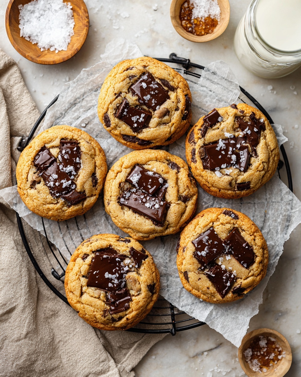 A group of golden brown cookies with melted dark chocolate chunks on top are laid out on a black wire rack, which sits on crumpled parchment paper. Each cookie has shiny, smooth chocolate pieces embedded in its soft, slightly cracked surface, sprinkled lightly with coarse sea salt. Around the rack, there are glasses of creamy milk with a light caramel tint and a small wooden bowl filled with coarse salt. The background is a white marbled texture, giving the whole image a fresh, clean look. photo taken with an iphone --ar 4:5 --v 7