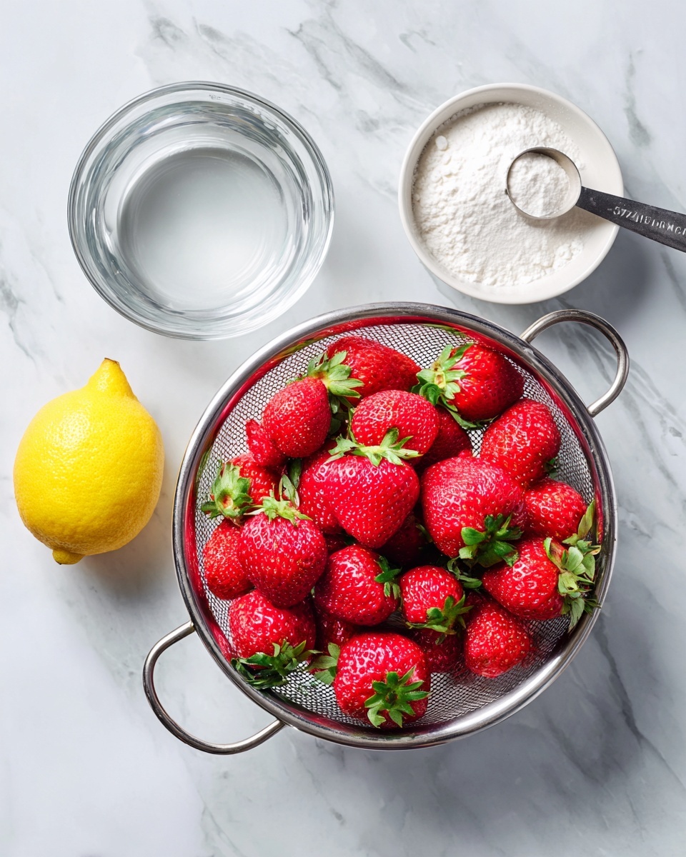 A top view of a metal colander filled with fresh red strawberries with green leafy tops inside, placed on a white marbled surface. To the left side, there are four ingredients arranged: a glass bowl with clear water, a small white bowl of white cornstarch, a metal measuring cup filled with white sugar, and a whole bright yellow lemon. Each ingredient is labeled with simple text identifying sugar, water, cornstarch, lemon, and fresh strawberries, all sitting neatly on the white marbled background. The image looks clean and fresh with bright natural light, photo taken with an iphone --ar 4:5 --v 7