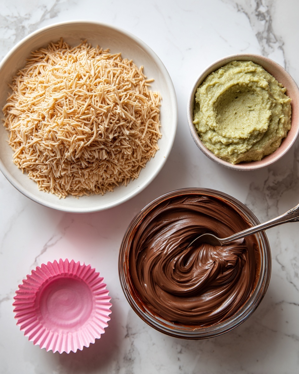 The image shows three different bowls on a white marbled surface. On the left, there is a white plate with a layer of light brown shredded roots or noodles. To the top right, there is a small bowl filled with a greenish smooth paste. Below it, towards the center, there is a clear brown bowl with thick dark brown chocolate cream and a spoon inside it. Next to the green paste bowl is an empty pink cupcake liner. photo taken with an iphone --ar 4:5 --v 7