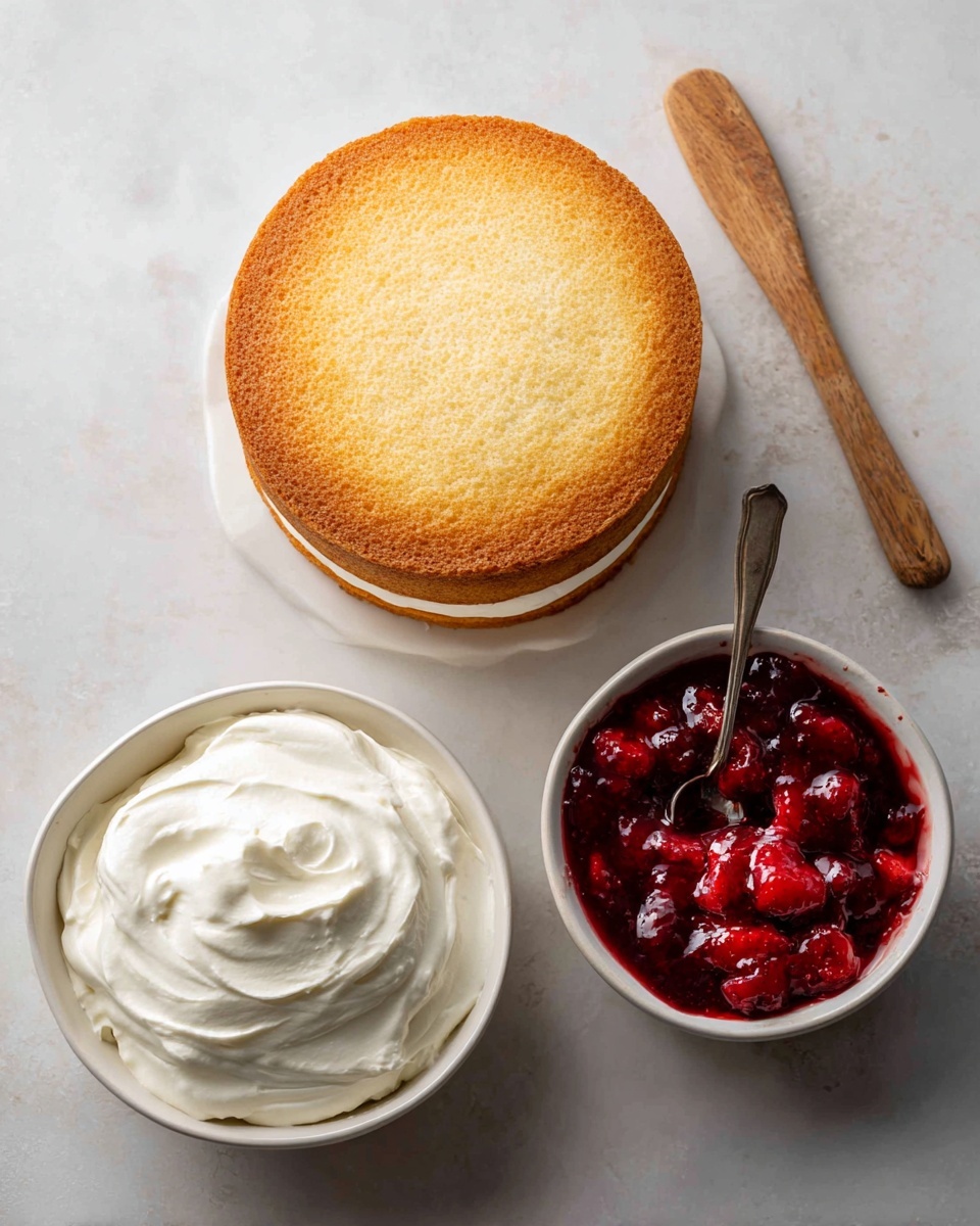 The image shows two round vanilla cake layers; the top one has a light golden brown color with a soft textured pattern on top, and the bottom one is lighter and smooth. Next to the cakes are two small white bowls: one bowl contains thick, creamy white cream cheese frosting with a swirled texture, and the other holds vibrant red strawberry filling with visible pieces of strawberries and a silver spoon resting inside. Both bowls and cakes are placed on a flat white marbled surface with a small wooden spatula nearby. photo taken with an iphone --ar 4:5 --v 7