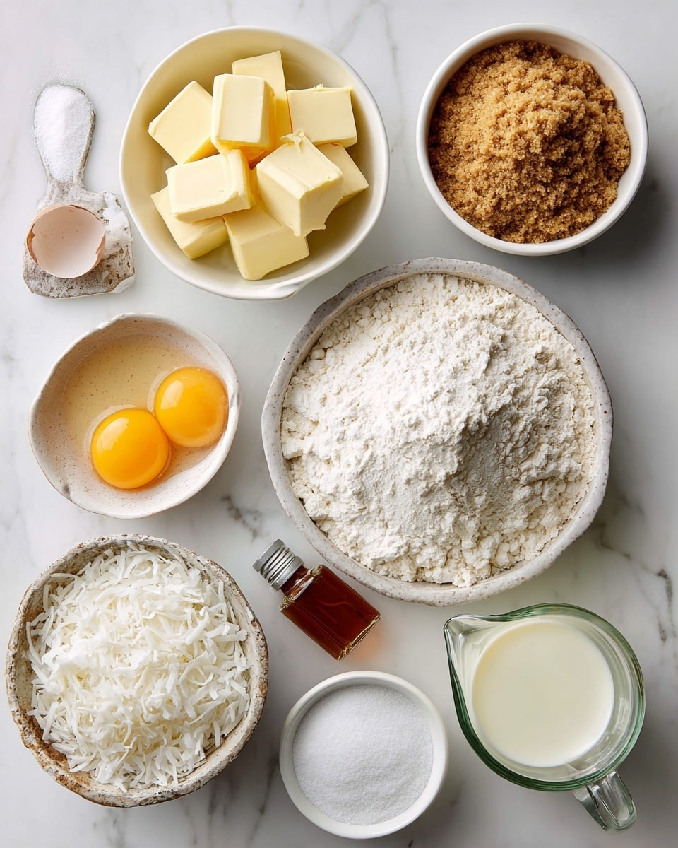 The image shows an overhead view of several white bowls and a glass measuring cup arranged on a white marbled surface, each containing different baking ingredients. Starting from the top, there is a white bowl with six medium-sized yellow butter chunks, next to it a white bowl filled with brown sugar with a crumbly texture. Below the butter bowl, there is a white bowl filled with fine white flour. Nearby, a rustic white bowl contains a heap of white shredded coconut. On the bottom left is a small bowl with two cracked eggs showing bright yellow yolks and clear egg whites. To the bottom right is a small white bowl filled with white salt or baking powder. On the bottom right of the frame, there is a clear glass measuring cup filled with pale yellow oil and next to it a white pitcher holding white milk. There is also a small bottle of vanilla bean extract with a brown liquid inside, and a measuring spoon with white fine powder near the center-left. The items are neatly arranged and the colors mainly include white, yellow, brown, and clear glass tones, all on the smooth white marbled surface. photo taken with an iphone --ar 4:5 --v 7