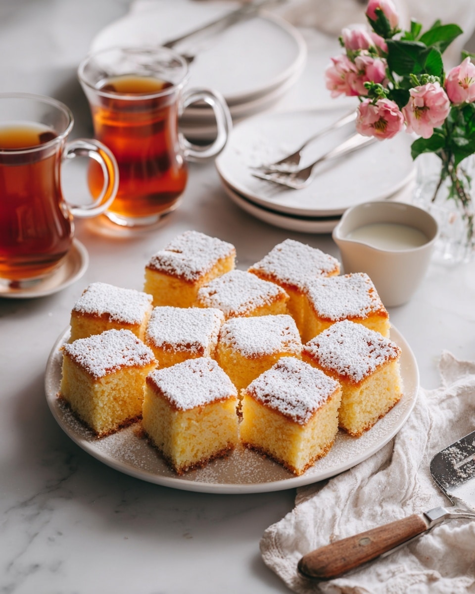 A white plate holds around fourteen square pieces of yellow cake with a soft texture and light brown edges. Each piece is dusted with a fine layer of white powdered sugar. The plate is placed on a white marbled surface with a cream textured cloth underneath. Around the plate, there are two clear glass mugs filled with amber-colored tea, a small white ceramic jug with milk, and a stack of four white plates with three forks on top. On the right side, there is a white cloth napkin and a copper spatula. A small vase with a few pink flowers adds a pop of color at the top right. The scene is bright and clean with natural light coming from the top. photo taken with an iphone --ar 4:5 --v 7
