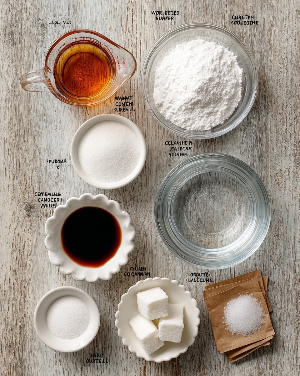 The image shows eight small containers on a textured wooden background with each ingredient labeled. At the top left is a clear glass measuring cup with light corn syrup, beside it is a small round bowl with white cornstarch powder. Below these, a larger clear glass bowl holds white sugar on the left and a clear glass measuring cup with water on the right. Underneath these, a small white scalloped bowl contains dark brown vanilla liquid, next to two brown packets of unflavored gelatin on the right. At the bottom left, a small round bowl holds white confectioners’ sugar, and to the right is a small white bowl with salt. All items are arranged neatly and the labels are bold black text on white bars photo taken with an iphone --ar 4:5 --v 7