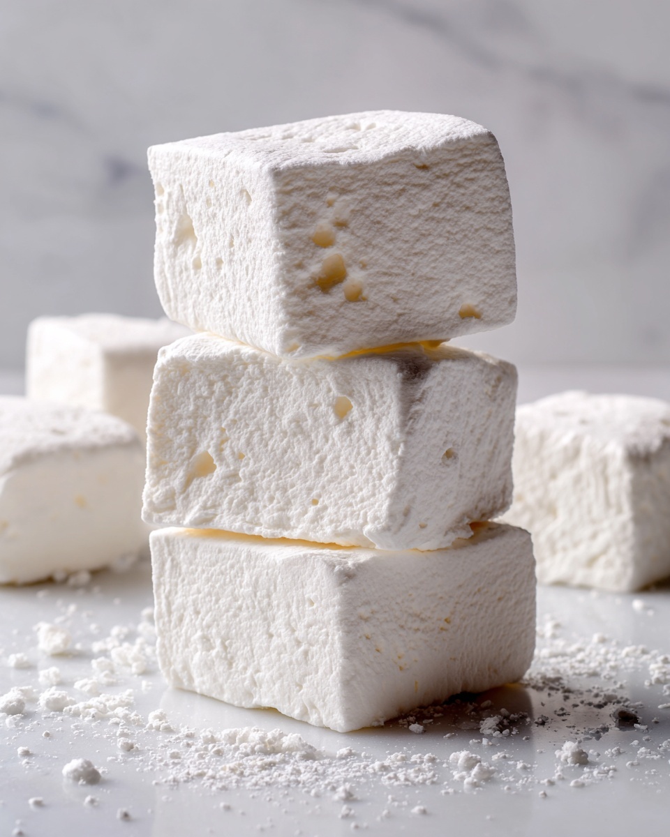 A close-up view of four white, soft marshmallows stacked vertically on a white marbled surface. Each marshmallow shows a light, fluffy texture with small air holes, having well-defined edges and a slightly matte finish. The background is softly blurred, also in light neutral tones, emphasizing the clean, simple look of the marshmallows photo taken with an iphone --ar 4:5 --v 7