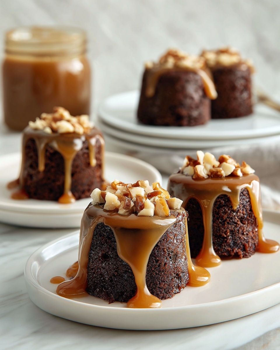 The image shows three small round chocolate cakes on a white plate, each topped with a thick layer of shiny caramel sauce that drips down the sides. On top of the caramel, there are small pieces of chopped nuts scattered over the cakes and the plate. In the background, there are three more chocolate cakes stacked on a white plate, slightly out of focus. To the right, there is a glass jar partially filled with caramel sauce. The surface has a white marbled texture. photo taken with an iphone --ar 4:5 --v 7
