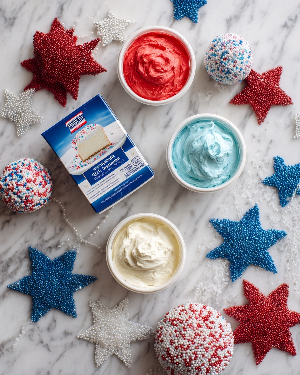 The image shows a flat lay arrangement of baking items on a white marbled surface. There are three tubs of Funfetti frosting placed in a loose triangle: one red vanilla frosting on the upper center, one blue vanilla frosting on the right side, and one white vanilla frosting at the bottom left. In the middle sits a blue box of Pillsbury Moist Supreme white cake mix with an image of a white frosted cake slice on it. Around these items are various small decorative glittery star shapes in red, white, and blue, as well as two round ornaments covered in small beads in red and white. This creates a festive, patriotic theme with red, white, and blue colors dominant. Photo taken with an iphone --ar 4:5 --v 7