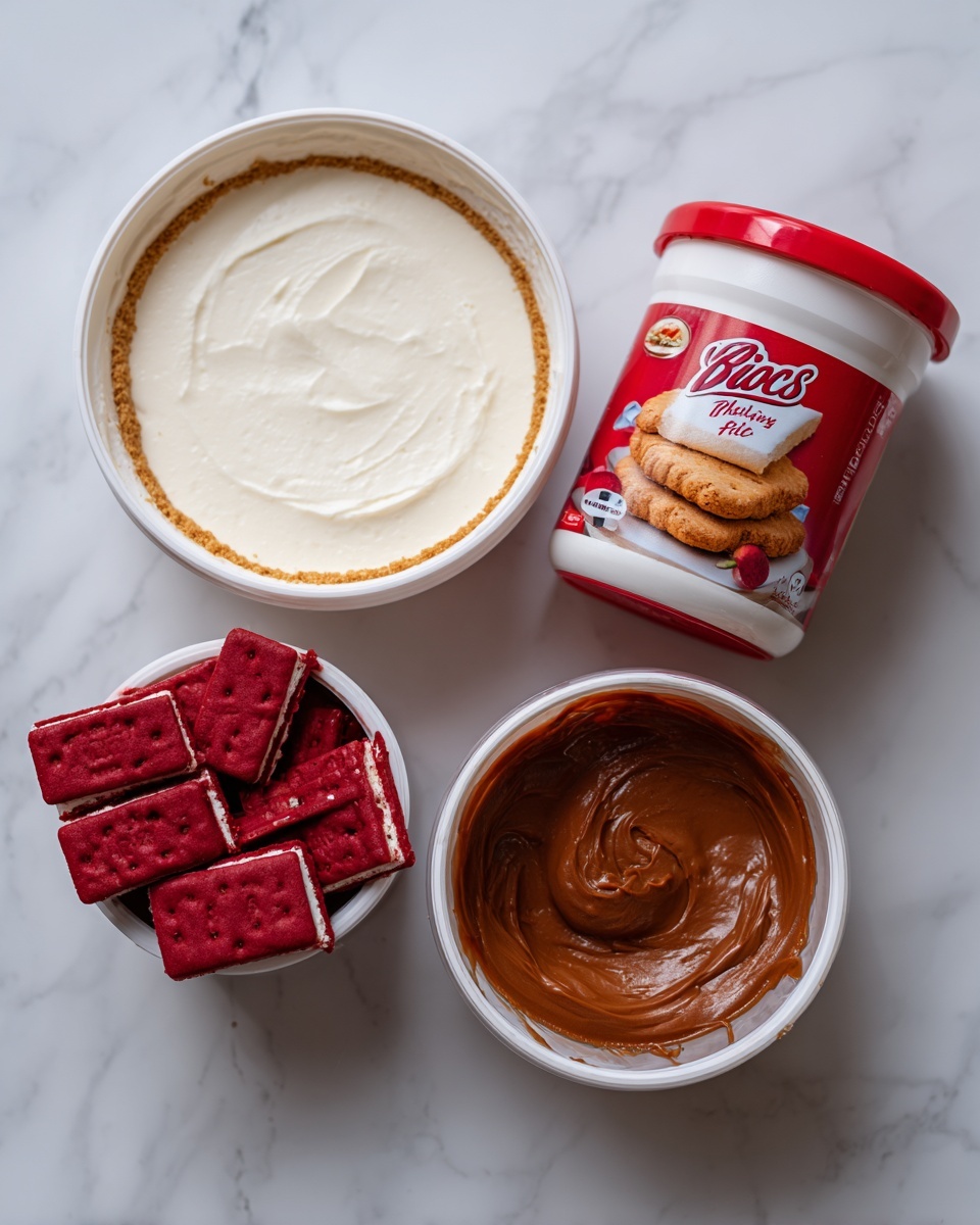The image shows four food items arranged on a white marbled surface: a round white container of Philadelphia cheesecake no bake, a block of red and white Biscoff cookies, a jar of Biscoff spread with a red lid, and a red and white container of Pillsbury cherry pie filling. The containers are neatly placed close together, showing the front labels clearly in bright lighting. photo taken with an iphone --ar 4:5 --v 7