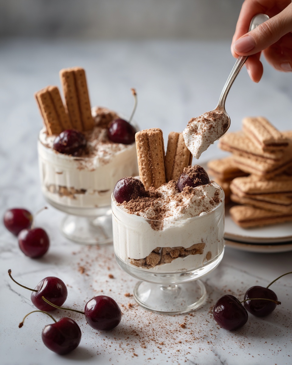 The image shows two clear glasses filled with a layered dessert on a white marbled surface. Each glass has a bottom layer of white creamy pudding, topped with a layer of crumbled light brown cookies, and another layer of white cream on top, scattered with cookie sticks placed vertically and some crumbs. To the left, a white spoon with some of the dessert rests on a white cloth. Red cherries are spread around the glasses, adding color contrast. On the right side, part of a white plate holds more square light brown cookies with a patterned surface. A woman's hand is reaching toward one of the glasses. Photo taken with an iphone --ar 4:5 --v 7