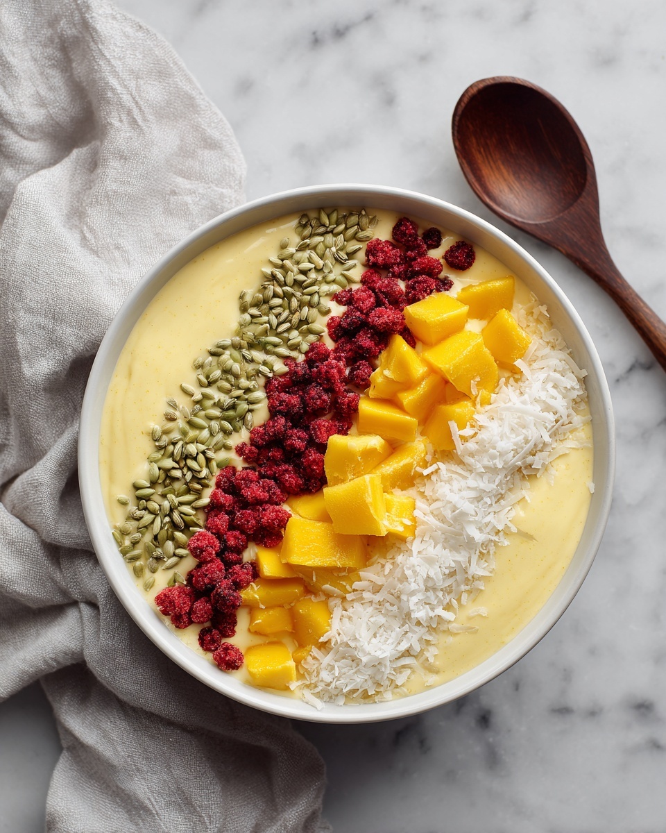A white bowl filled with a smooth, creamy light yellow base, topped with four arranged layers from left to right: a line of small green seeds, a thick row of bright red dried berries, a strip of large toasted white coconut flakes, and chunks of bright yellow mango on the far right. The bowl sits on a soft gray cloth on a white marbled surface with a dark wooden spoon beside it. Photo taken with an iphone --ar 4:5 --v 7