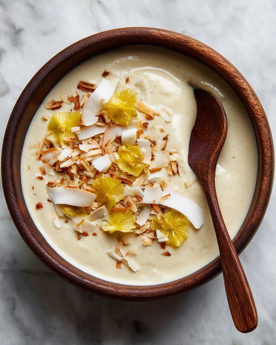 A dark brown coconut shell bowl is filled with three visible layers: the bottom layer consists of small, dark pieces barely seen through a thick creamy white layer that covers most of the bowl. On top of this smooth creamy layer, there are scattered yellow mango chunks and thin toasted coconut flakes spread unevenly. A wooden spoon rests inside the bowl, slightly covered by the creamy white mixture. The bowl sits on a white marbled surface. Photo taken with an iphone --ar 4:5 --v 7