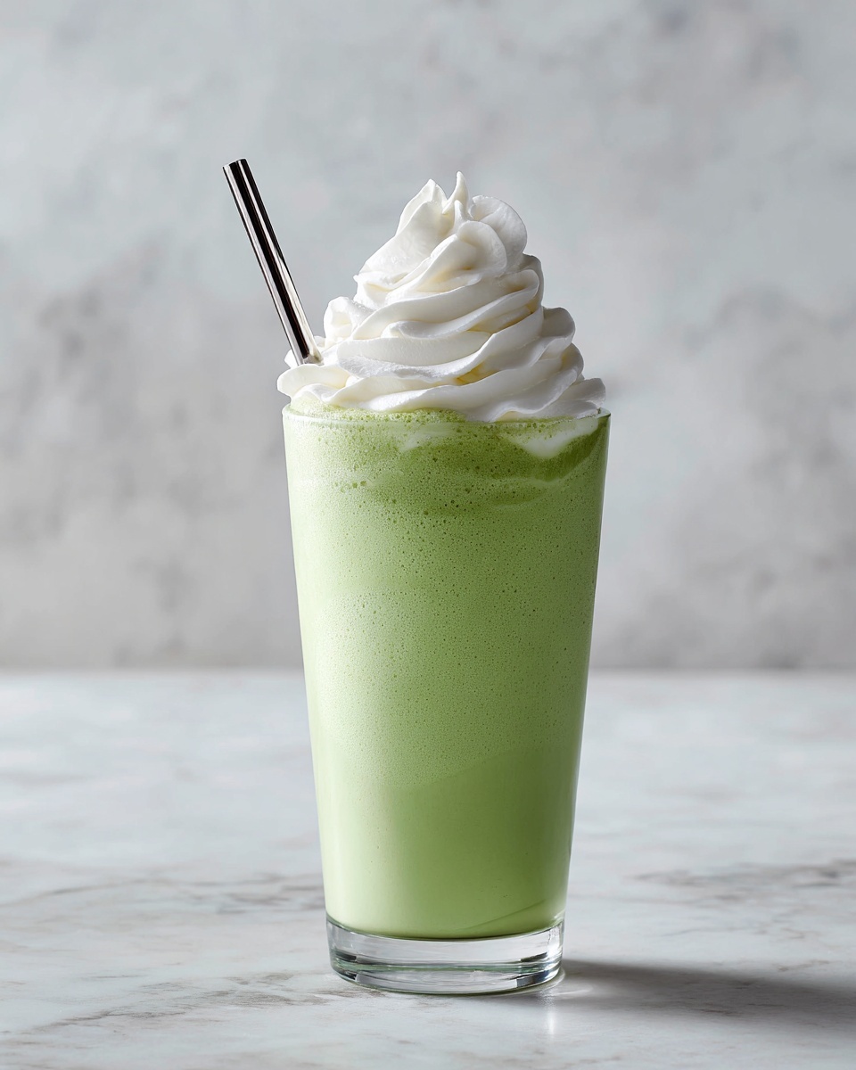 A tall clear glass filled with a smooth light green smoothie, topped with a large swirl of white whipped cream that shows soft peaks and a fluffy texture. A metal straw is placed inside the glass on the left side, slightly angled outward. The glass is set on a white marbled surface with a soft, bright background. Photo taken with an iphone --ar 4:5 --v 7