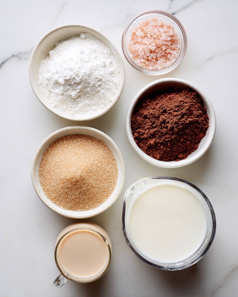 The image shows six clear or white bowls and a glass measuring cup on a white marbled surface. At the top left, a white bowl holds pure white arrowroot powder with a fine texture. Next to it on the right, a small clear glass bowl contains pinkish sea salt crystals. Below the arrowroot powder, a larger white bowl is filled with light tan cane sugar, showing its grainy texture. To the right of the cane sugar, there is a white bowl filled with dark brown cocoa powder, slightly clumped. At the bottom left, a small clear glass contains beige non-dairy milk, smooth in texture. The largest container, a glass measuring cup on the bottom right, holds creamy white coconut milk, filling most of it. All items are neat and clearly separated. Photo taken with an iphone --ar 4:5 --v 7
