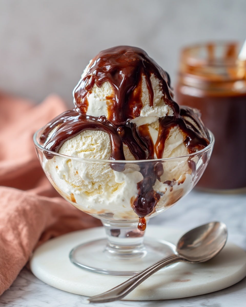 A clear glass bowl holds two scoops of white vanilla ice cream, one scoop on top of the other. Thick, dark brown chocolate sauce flows over the top scoop, dripping down the sides and onto the bottom scoop, with some sauce spilling over the edges of the bowl. The bowl sits on a white marbled surface with a silver spoon placed in front of it. In the background, there is a soft peach-colored cloth and a blurred jar of chocolate sauce. Photo taken with an iphone --ar 4:5 --v 7