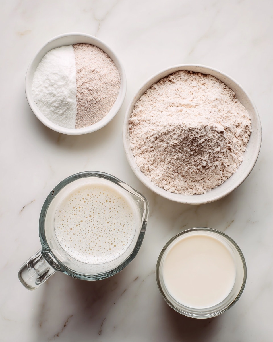 The image shows four containers on a white marbled surface. In the center is a white bowl filled with fine, light brown powder, likely a spice or ingredient. Above it is a smaller white bowl with two powders, half white and half a light pinkish color, neatly divided. Below the bowls, to the left, is a clear glass measuring jug filled with a white, frothy liquid, bubbles visible on the surface. To the right of the jug is a small clear glass filled with a smooth, off-white liquid. The arrangement is neat and minimal, with soft natural light. photo taken with an iphone --ar 4:5 --v 7