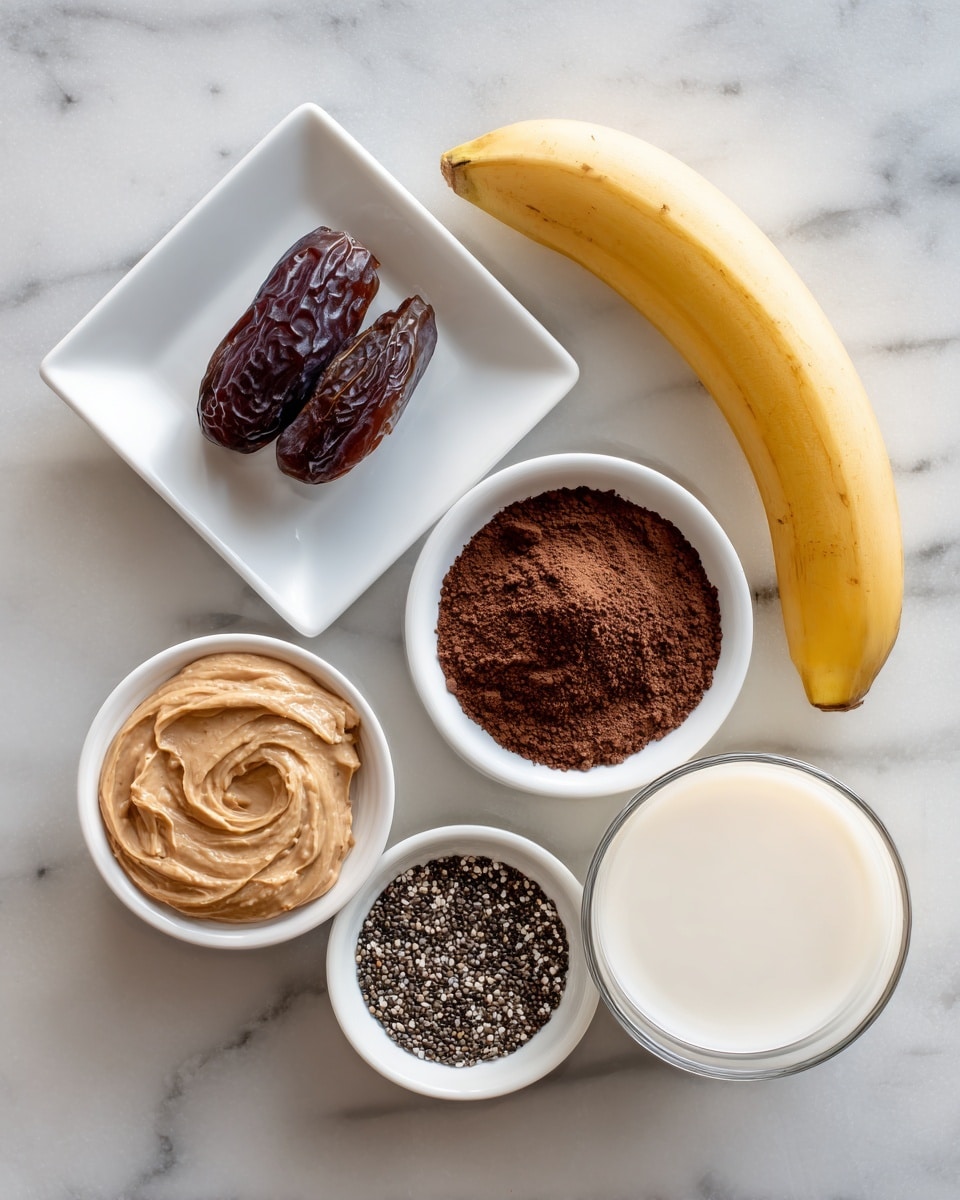 The image shows six ingredients neatly placed on a white marbled surface. At the top left, there is a white square plate holding one dark brown date and a peeled ripe banana side by side. To the right of the plate is a small white bowl filled with dark brown cocoa powder. Below that, a larger white bowl contains small black chia seeds with some white specks. On the bottom left is another small white bowl holding creamy light brown peanut butter with a swirl texture on top. Finally, at the bottom right, a clear glass is filled with off-white non-dairy milk. All elements are spaced out evenly and clearly visible. photo taken with an iphone --ar 4:5 --v 7