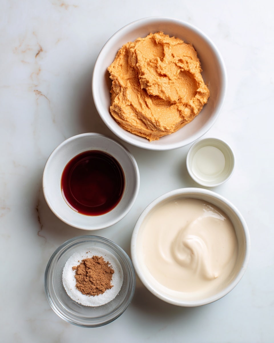 The image shows five small white bowls arranged on a white marbled surface. The largest bowl is filled with smooth, pale cream liquid placed bottom right. To its top left is a medium white bowl packed with thick, orange mash that has a slightly rough texture. Above this bowl to the right is a small white bowl with dark red liquid that has a slightly shiny surface. Below the mash bowl and close to the cream liquid is a small glass bowl with a white powder topped with a small heap of brown powder. Lastly, between the mash and cream liquid is a tiny white bowl with a clear liquid. All bowls are neatly spaced in a square-like arrangement photo taken with an iphone --ar 4:5 --v 7