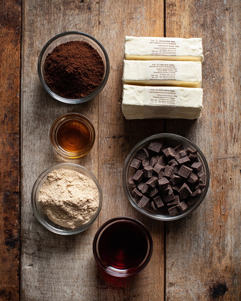 The image shows six cooking ingredients neatly arranged on a rustic wooden surface with a warm brown texture. At the top left, there is a small clear glass bowl filled with dark brown sugar, its fine texture slightly clumped. To the right, three silken tofu packages stacked neatly show white and light cream colors with printed labels. Below the dark brown sugar, a small clear glass cup of amber-colored vanilla extract shines softly. In the center, a small clear glass bowl holds light brown cocoa powder with a cracked surface. To the right of the cocoa powder, another small clear glass bowl contains many dark vegan dark chocolate chips with a smooth, matte texture. At the bottom center, a small clear glass cup holds deep red Marsala dessert wine, rich and glossy. The whole setting is lit by soft natural light, captured on a white marbled texture surface photo taken with an iphone --ar 4:5 --v 7