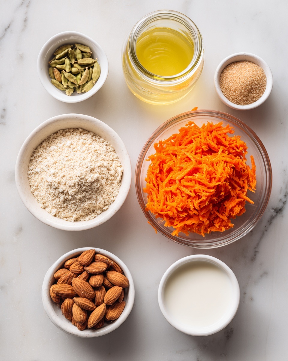 The image shows six small bowls arranged neatly on a white marbled surface, each holding a labeled ingredient for Gajar Halwa, a carrot almond pudding. At the center bottom is a clear glass bowl filled with bright orange grated carrots. To the lower left, a white bowl contains beige almond flour with a fine texture. Above it, a small white bowl holds whole brown almonds. At the top center right, a transparent jar is filled with pale yellow coconut oil, next to it a white bowl with smooth white almond milk, and completed with another small white bowl of light brown raw sugar at the top center. A very small white bowl containing a few green cardamom pods sits at the top left of the arrangement. The colors range from bright orange to pale cream and brown hues, all set against the clean white marble background. photo taken with an iphone --ar 4:5 --v 7