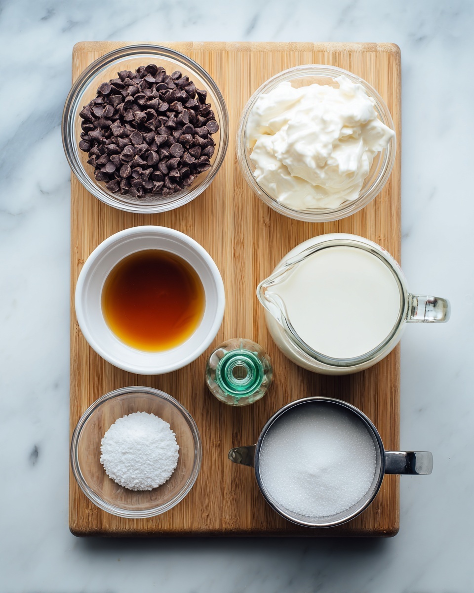 The image shows seven ingredients neatly placed on a wooden board with a white marbled surface visible at the edges. On the top left is a clear glass bowl filled with small dark brown chocolate chips. Next to it, slightly to the right, is a clear glass measuring cup filled with white cream. On the top right is a clear glass jar with white milk inside. Below these, there is a small white bowl containing a dark amber liquid, likely vanilla extract. Near the center is a small clear container holding white powder, possibly salt. Underneath that, a clear round container holds a small amount of liquid. To the right, there is a tiny green bottle with a green cap. Lastly, to the bottom right, there is a metal 1-cup measuring cup filled with white sugar. The setup is clean and organized, with a light, natural look. photo taken with an iphone --ar 4:5 --v 7