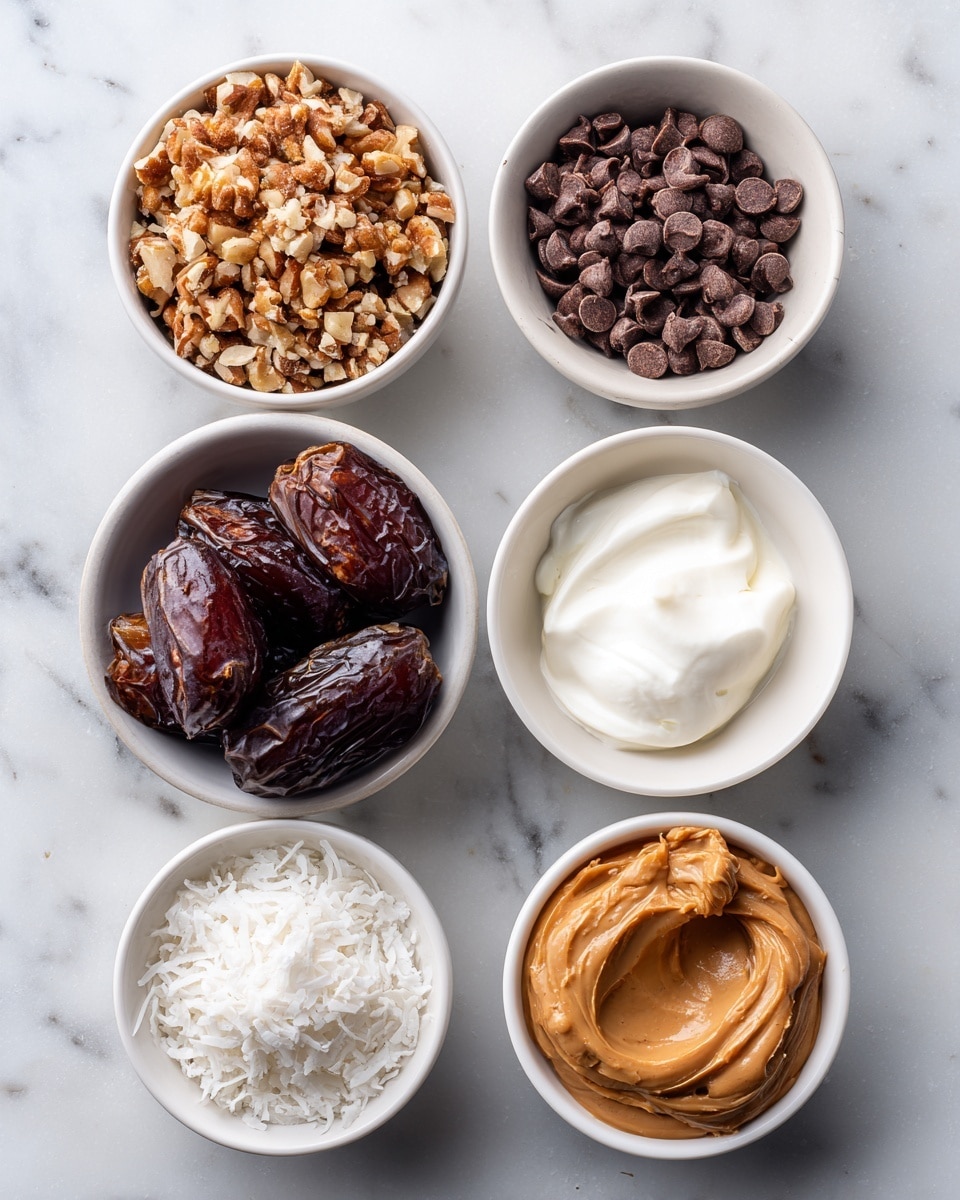 Six small white bowls sit on a white marbled surface. The top left bowl has light brown chopped nuts with a rough texture. To its right, a bowl is filled with small, dark brown chocolate chips. Below the chopped nuts, a bowl is full of shiny, dark brown whole dates. To the right of the dates, there is a bowl with solid white coconut oil, smooth and creamy in texture. In the bottom left, a bowl contains fine white shredded coconut. The last bowl on the bottom right holds smooth, light brown peanut butter. photo taken with an iphone --ar 4:5 --v 7