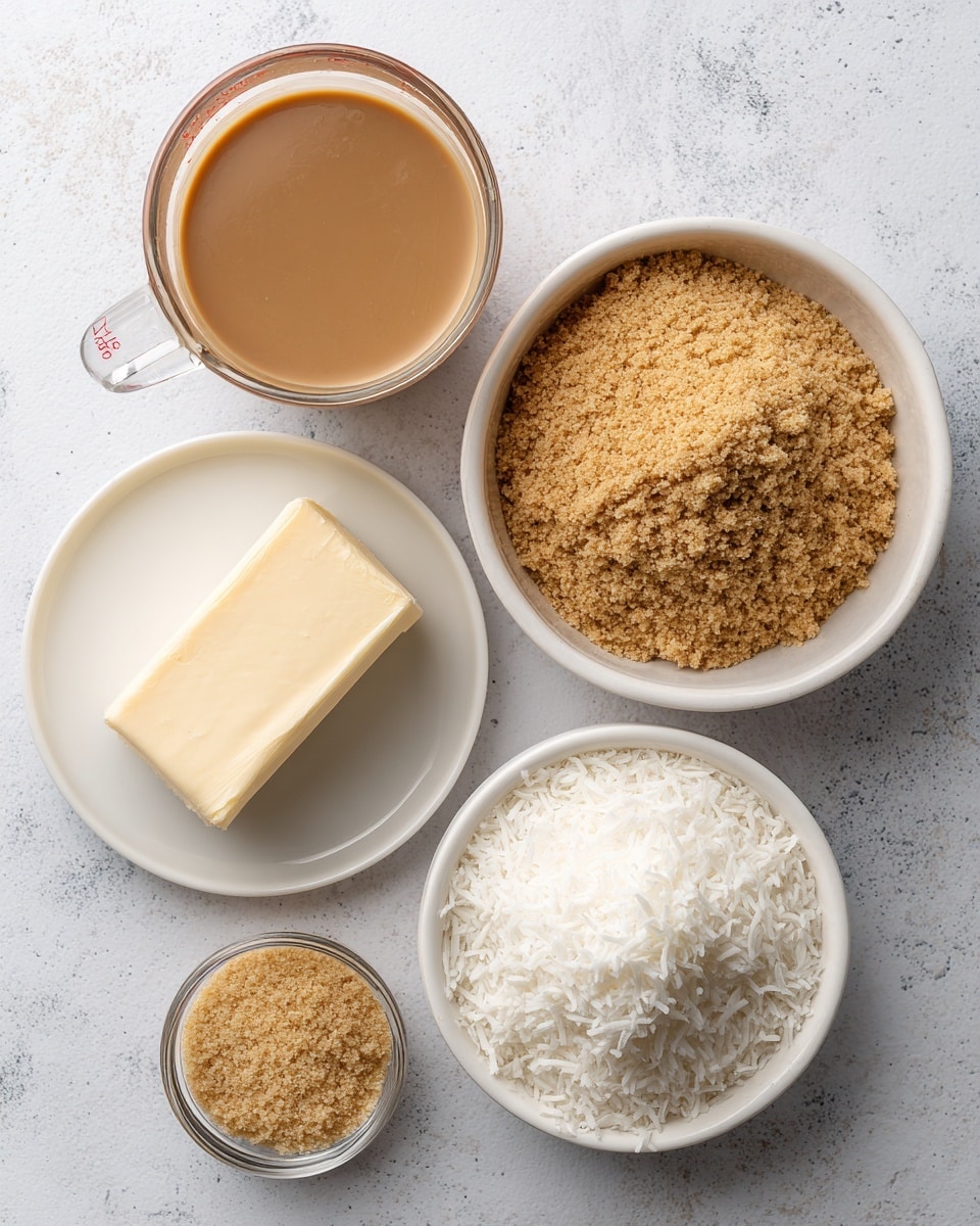 The image shows four ingredients arranged on a white marbled surface. In the top left, there is a glass measuring cup filled with light brown vegan condensed milk, smooth in texture. To the right, a white bowl contains finely crushed graham crackers, with a sandy beige color and crumbly texture. Below that, another white bowl also holds pulverized graham crackers with the same sandy look. At the bottom left, a white plate holds a solid block of pale vegan butter, which looks creamy but firm. Near the center, a smaller glass measuring cup is filled with shredded coconut, which is white and flaky. All the ingredients are clearly labeled with green text boxes. photo taken with an iphone --ar 4:5 --v 7