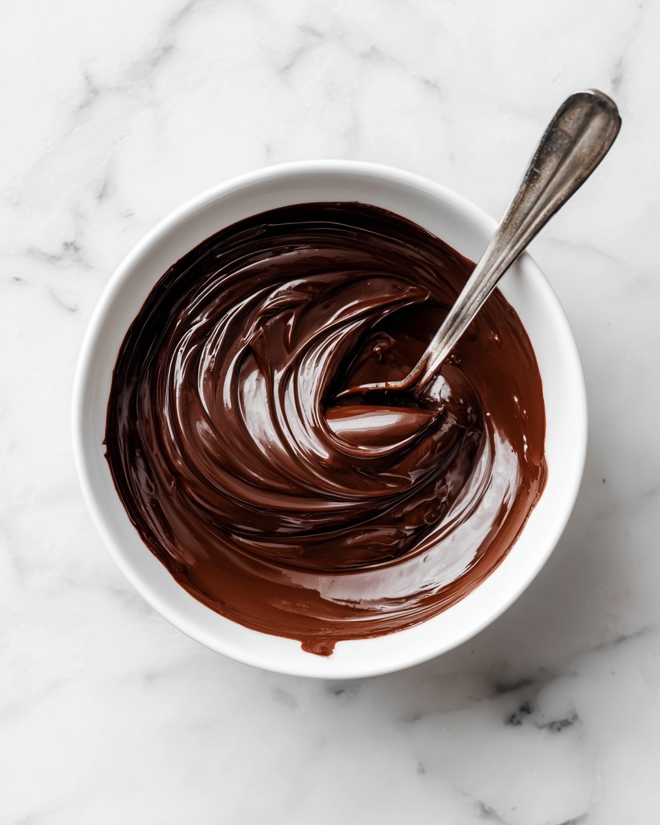 Inside a white bowl, there is a thick, smooth dark brown chocolate mixture, covering the bowl's bottom and sides with soft swirls and glossy texture. A silver spoon is resting inside, partially coated with the chocolate, with the handle leaning to the right. The bowl is placed on a white marbled surface. photo taken with an iphone --ar 4:5 --v 7