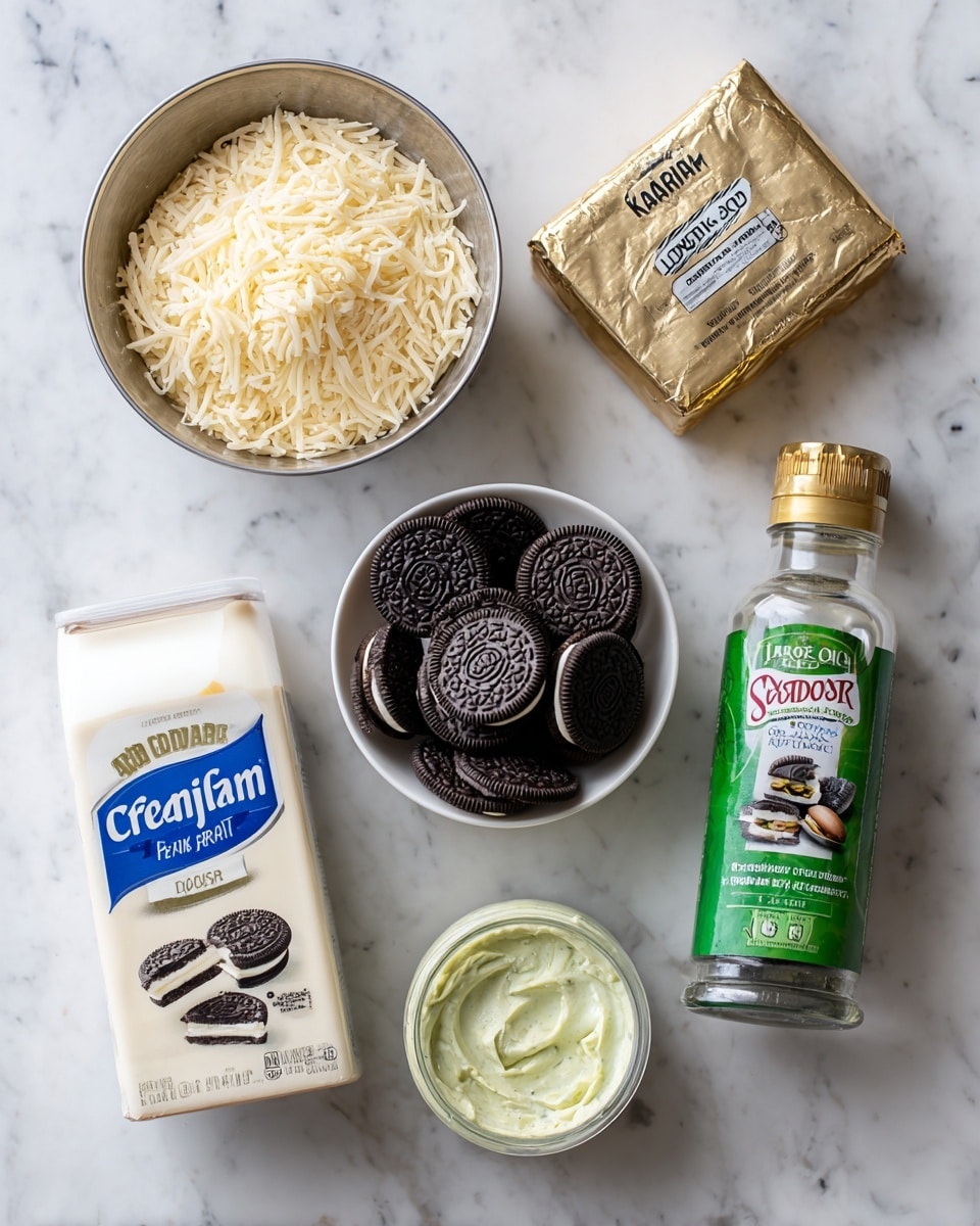A top view of seven ingredients placed on a white marbled surface, each labeled with bold black text on white background: in the center is a metal bowl filled with light beige thin shredded kanafi strands, above it a white bowl filled with stacked dark black Oreos with cream center, to the right a wrapped block of butter in gold foil, below the butter a small clear bottle of almond extract with a gold cap and green label, below the kanafi bowl a white carton of heavy cream with blue and black text, below the almond extract a glass jar of bright green pistachio cream with silver lid, and to the left of the kanafi bowl an opened can of condensed milk with white and beige label. photo taken with an iphone --ar 4:5 --v 7
