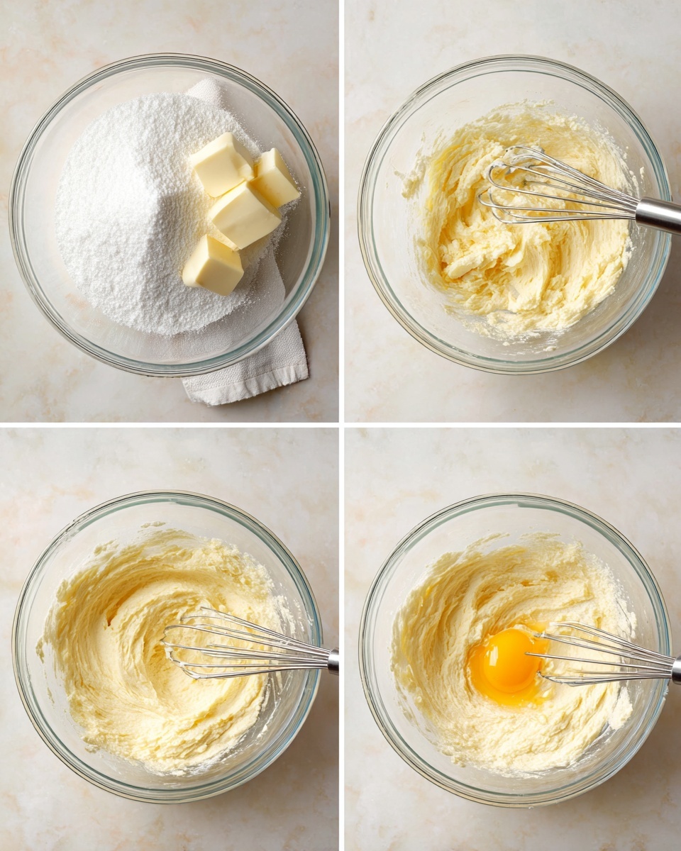 A clear glass bowl sits on a white marbled surface, shown in four steps. In the first step, the bowl contains a pile of white granulated sugar topped with two creamy pale yellow pieces of butter along the side, with a white cloth napkin nearby. The second step shows the ingredients partially mixed into a pale yellow, soft and fluffy creamy texture, with two metal beaters resting inside the bowl. In the third step, one bright yellow egg yolk is added at the center of the creamy mixture, surrounded by the light yellow mix. The final step shows the creamy mix fully blended into a smooth, soft, and light yellow texture covering the beaters, ready for the next step. Photo taken with an iphone --ar 4:5 --v 7