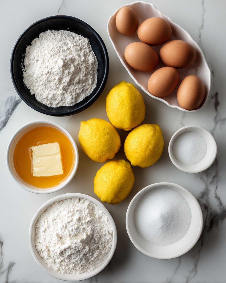 The image shows a white marbled surface with seven ingredients placed neatly. At the top center, there is a small black bowl filled with white all-purpose flour. To the left of it, a bigger black bowl holds white sugar. On the right, a white oval dish contains six brown eggs. In the center, four bright yellow lemons are placed close together. At the bottom left, a white bowl is full of white all-purpose flour. At the bottom center, there is a white bowl with melted butter that has a rich orange color. At the bottom right, a white bowl holds white sugar. All items are spaced out evenly with clear labels above or below each ingredient. photo taken with an iphone --ar 4:5 --v 7