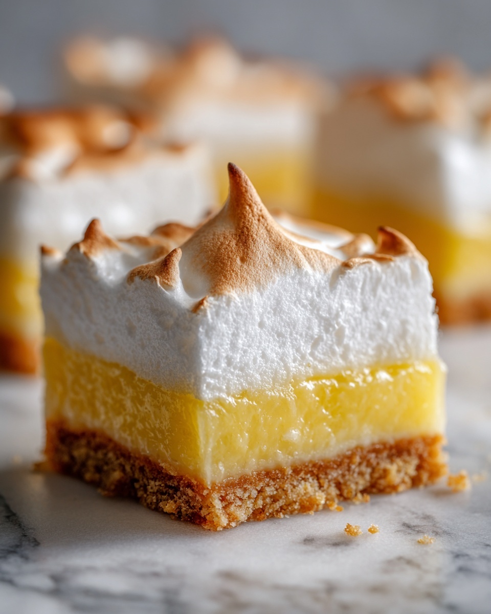 This image shows a close-up of a dessert square with three distinct layers placed on a white marbled surface. The bottom layer is a light golden-brown crust that looks firm and crumbly. Above it is a thick, translucent yellow filling that appears smooth and jelly-like. The top layer is a thick, fluffy white meringue with browned, toasted peaks scattered unevenly across its surface, giving it a textured and slightly crispy look. The square is part of a group of similar pieces seen blurred in the background. photo taken with an iphone --ar 4:5 --v 7