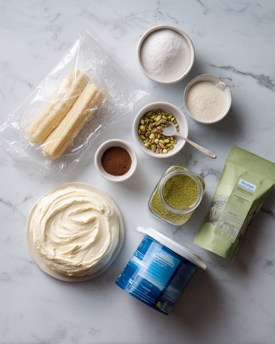 The image shows various baking ingredients placed on a white marbled surface. There is a clear package of lady fingers on the left side. Above it, a small white bowl holds coffee powder, while next to it is a packet of rose petals labeled as optional. A white bowl with sugar is placed near the top right corner. On the right side, there is a blue and white container of heavy cream, a jar of green pistachio paste, and a green bag of pistachios. In the center, a round container of mascarpone cheese is visible. All items are spread evenly, and the lighting is natural and bright. Photo taken with an iphone --ar 4:5 --v 7