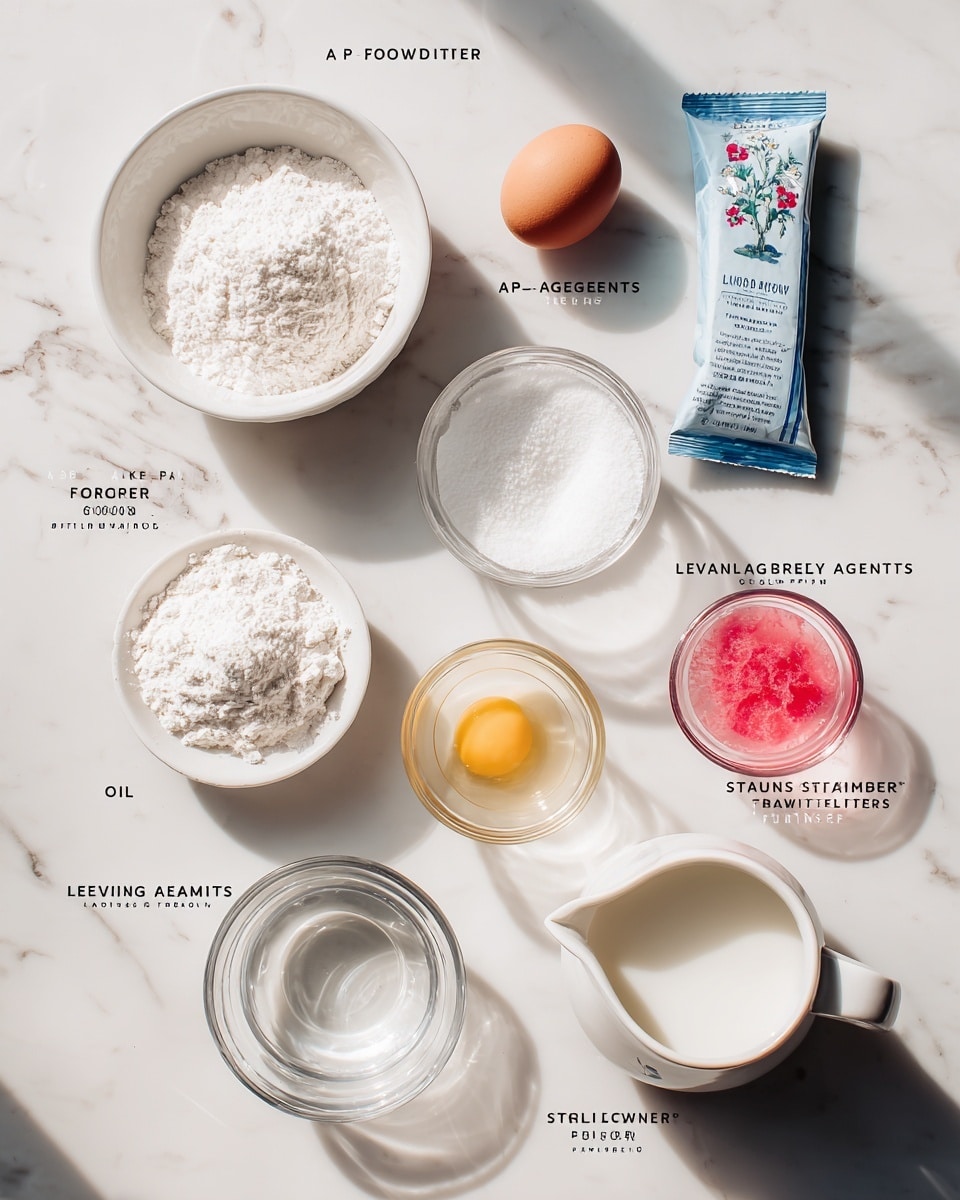 The image shows a top-down view of various baking ingredients neatly placed on a white marbled surface. In the center, there is a large white bowl filled with a white powder labeled