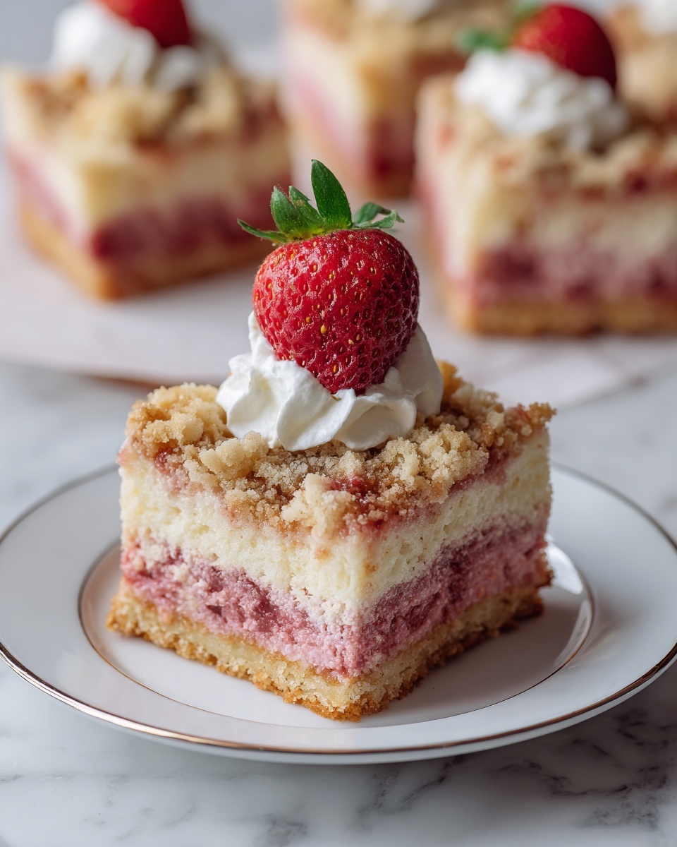 A square slice of pink crumb cake with three visible layers sits on a white plate with a silver rim. The bottom layer is a dense pink cake, the middle layer is a thin creamy white filling, and the top layer is made of crumbly brown and reddish streusel. A swirl of white whipped cream and a red strawberry with green leaves rest on top. The plate is set on a white marbled surface, with another similar cake slice in the background on brown parchment paper. Photo taken with an iphone --ar 4:5 --v 7