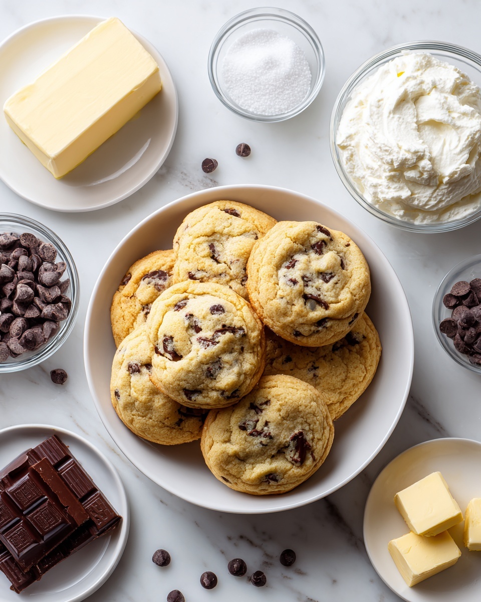 A white bowl at the center holds six golden brown chocolate chip cookies with dark chocolate chips visible throughout. Surrounding the bowl on a white marbled surface are several small white plates and glass bowls: a small white plate at the top left has a rectangular block of pale yellow butter; above the bowl is a small glass bowl of white powdered sugar and another small glass bowl of granulated white sugar. To the right of the sugars is a dollop of textured white heavy cream on the marble. Below that, a small glass bowl is filled with smooth, white cream cheese. At the bottom left is an unwrapped dark chocolate bar with a few squares broken off, next to a small white plate holding these chocolate pieces. To the right, a small white plate has a pale yellow square of butter, and next to that, another small white plate is scattered with dark chocolate chips. photo taken with an iphone --ar 4:5 --v 7