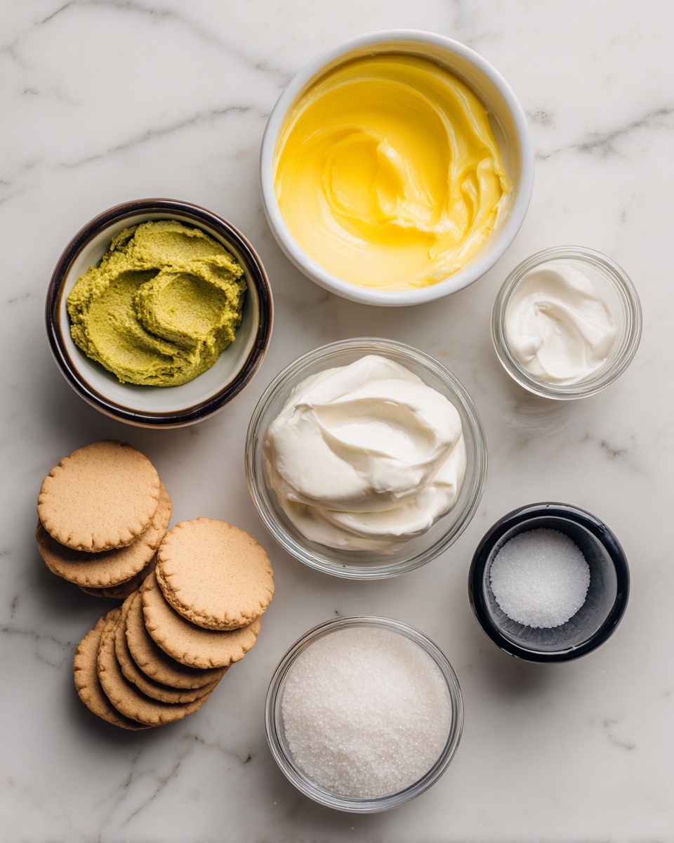 The image shows a white marbled surface with seven small bowls arranged neatly. At the top center is a white bowl with melted unsalted butter, bright yellow and smooth. To the left is a small white bowl with a dark rim holding green pistachio paste with a thick texture. To the right is a clear round container with white heavy cream, smooth and creamy. In the center is a clear glass bowl filled with white cream cheese that looks soft and creamy. Below are three bowls: on the left, a white bowl filled with round, light brown digestive biscuits stacked loosely; in the middle, a small clear jar with white salt granules; and on the right, a black round bowl filled with white granulated sugar. All items are evenly spaced and viewed from above, photo taken with an iphone --ar 4:5 --v 7