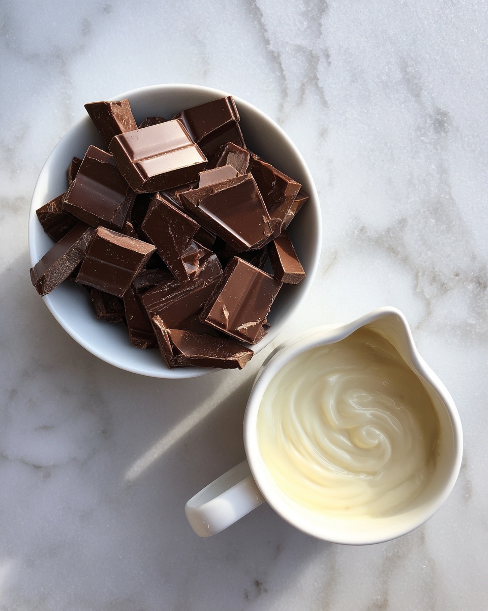 A white bowl filled with many pieces of broken milk chocolate, showing shiny, smooth, dark brown layers and sharp edges, sits on the left side. On the right side, a white pitcher contains thick, creamy, light cream with soft swirls. Both items rest on a white marbled surface with grey veins. Photo taken with an iphone --ar 4:5 --v 7