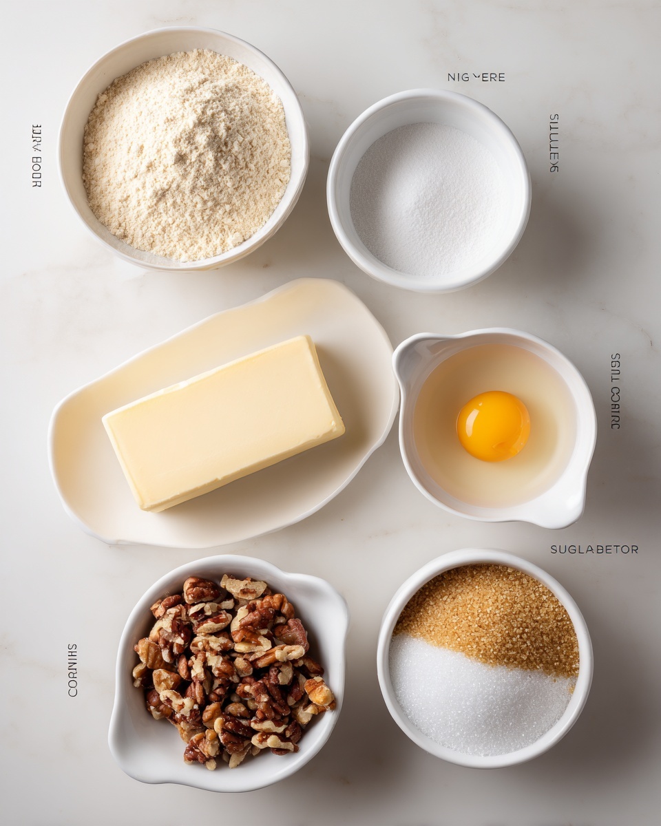 The image shows six small white bowls and containers of baking ingredients neatly arranged on a white marbled surface. At the top left is a white bowl filled with light beige all-purpose flour, beside it slightly to the right is another white bowl with a small pile of white baking soda. Below the baking soda, a white bowl holds one egg and one egg yolk floating in clear liquid. In the center left, a rectangular stick of unsalted butter rests flat on the surface, creamy yellow in color. Below the butter, a white small measuring cup filled with mixed nuts of various brown shades is visible. To the right at the bottom, a white bowl contains two layers: on the left side a white granulated sugar layer and on the right side a light brown sugar layer with a crumbly texture. Labels in black text identify each ingredient. photo taken with an iphone --ar 4:5 --v 7