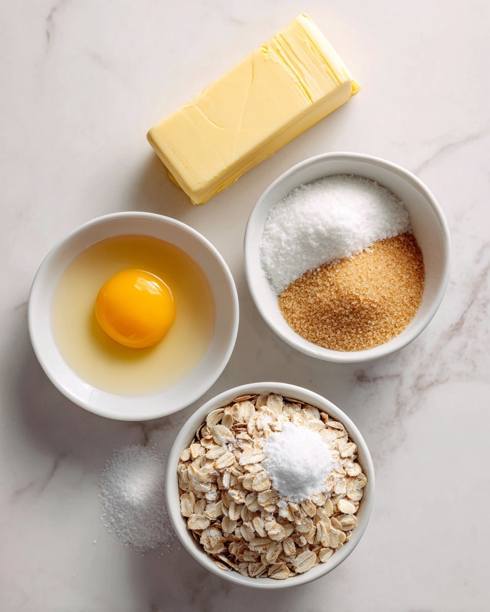 The image shows four separate white containers on a white marbled surface, each holding a different baking ingredient. In the top left is a pale yellow stick of butter with smooth texture. Below it, a small bowl holds a raw egg yolk and egg white, with the yellow yolk centered in the clear liquid. To the right of the butter, a bowl is filled half with light brown sugar and half with white sugar, showing a contrast between the two. At the bottom right, a larger bowl contains rolled oats with a small pile of white powder, likely baking soda or baking powder, on top. The scene is clean and bright, with simple and natural colors. photo taken with an iphone --ar 4:5 --v 7