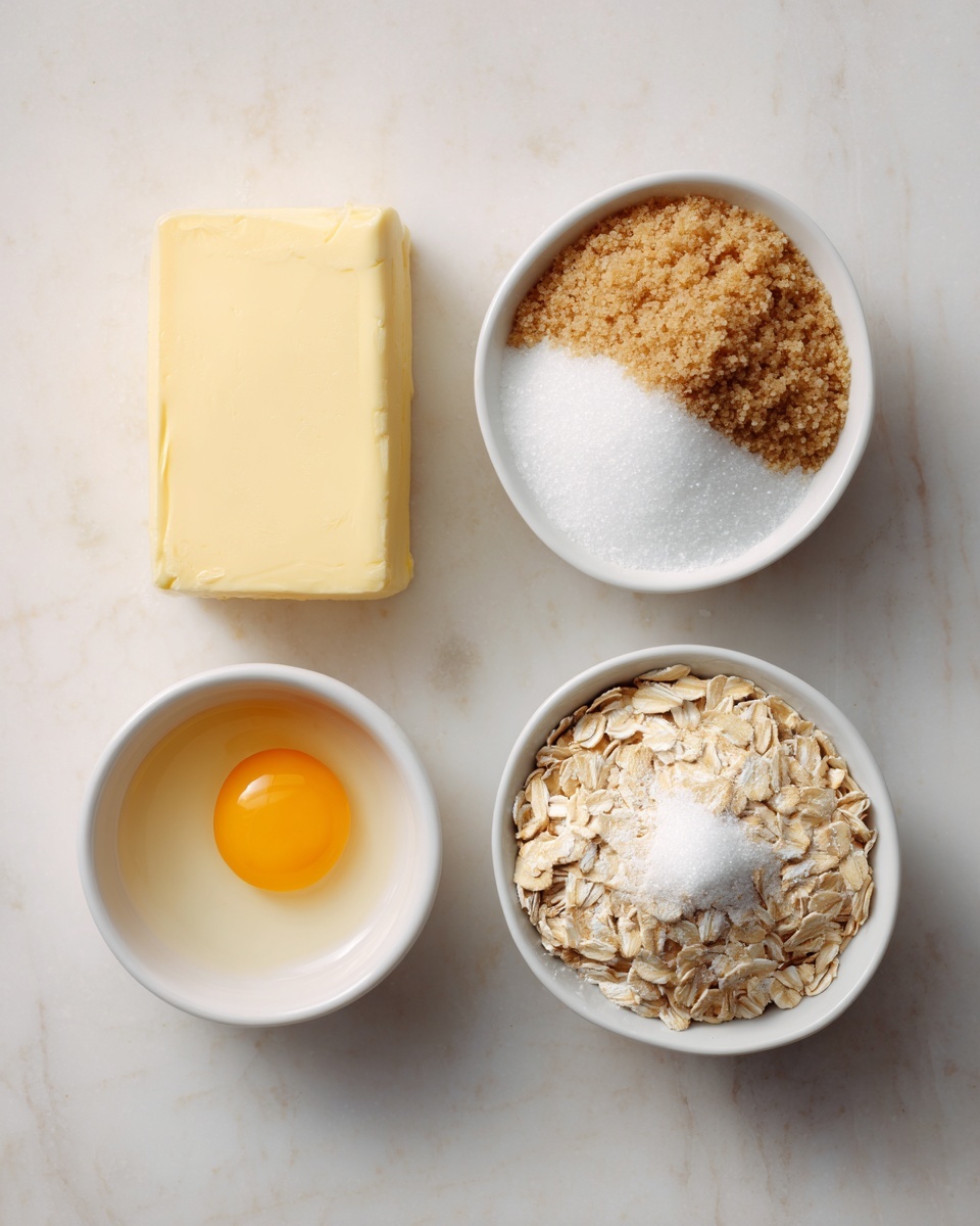 The image shows four separate ingredients arranged on a white marbled surface. In the top left is a single block of pale yellow butter. To the right of the butter is a white bowl filled halfway with two kinds of sugar: light brown sugar on the left and white sugar on the right. Below the butter is a small white bowl with one raw egg, showing the bright yellow yolk and clear egg white. At the bottom right is a bowl filled with light beige rolled oats topped with a small pile of white baking soda or powder. The setup is simple and clean, with a soft natural light highlighting the textures and colors. Photo taken with an iphone --ar 4:5 --v 7