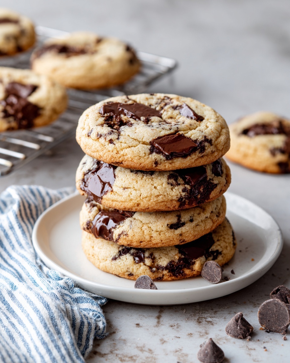 A pile of round cookies stacked on a white plate, each cookie light brown with a rough texture and topped with uneven patches of melted dark brown chocolate and golden brown peanut butter, giving a marbled, slightly shiny effect. The cookies have a bumpy surface showing melted chocolate pieces embedded within, and in the top left corner in the background, a single cookie rests on a silver cooling rack, all set on a white marbled surface with a blue and white striped cloth in the bottom right corner. photo taken with an iphone --ar 4:5 --v 7