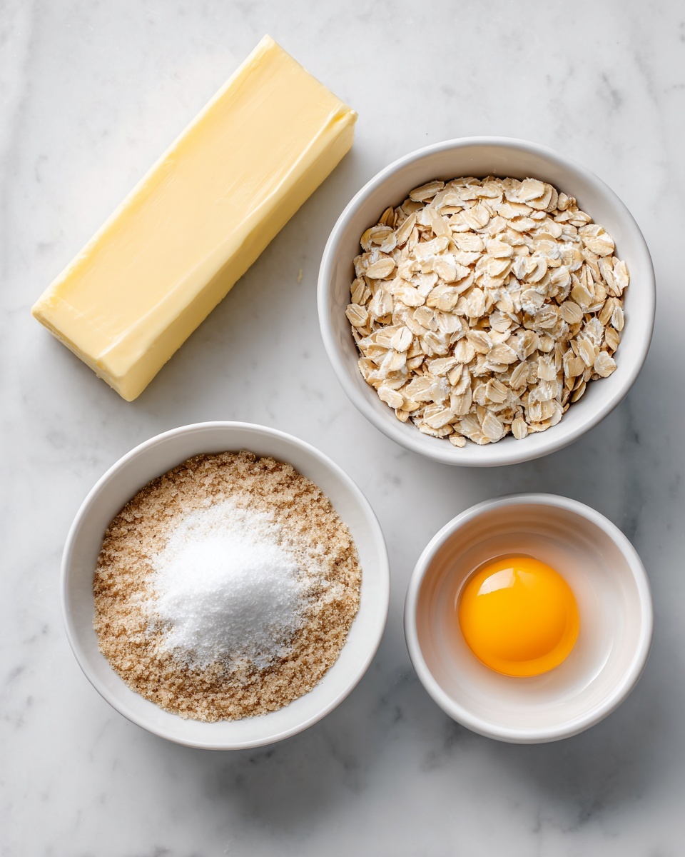The image shows four separate items on a white marbled surface: a stick of pale yellow butter placed directly on the surface, a white bowl filled halfway with light brown and white sugars mixed but still visible in separate sections, a small white bowl containing a whole raw egg with a bright yellow yolk and clear whites, and a white bowl filled with light beige rolled oats topped with a small heap of fine white powder in the center. The arrangement is neat and spaced apart for clear visibility photo taken with an iphone --ar 4:5 --v 7