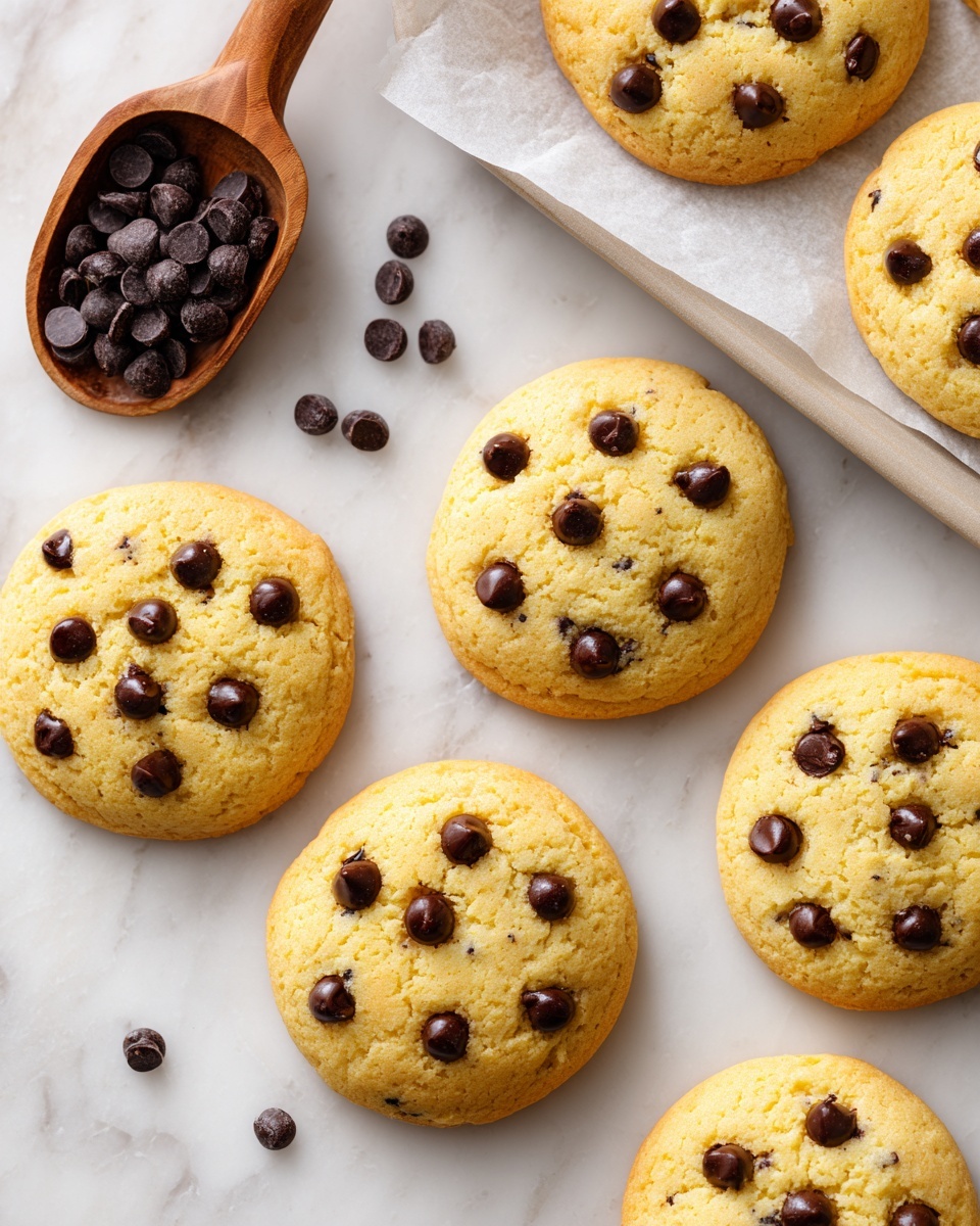 The image shows seven round chocolate chip cookies with a light golden color and a slightly rough texture on a surface with a white marbled texture. The cookies have visible dark brown chocolate chips scattered throughout. In the upper left corner, there is a white wooden measuring spoon filled with dark chocolate chips, with some chips spilled around it. In the upper right corner, two cookies rest on a white baking tray with slightly browned edges, which is partially covered by white parchment paper. The cookies are evenly spaced and have a soft, crumbly appearance with a slightly cracked top. Photo taken with an iphone --ar 4:5 --v 7