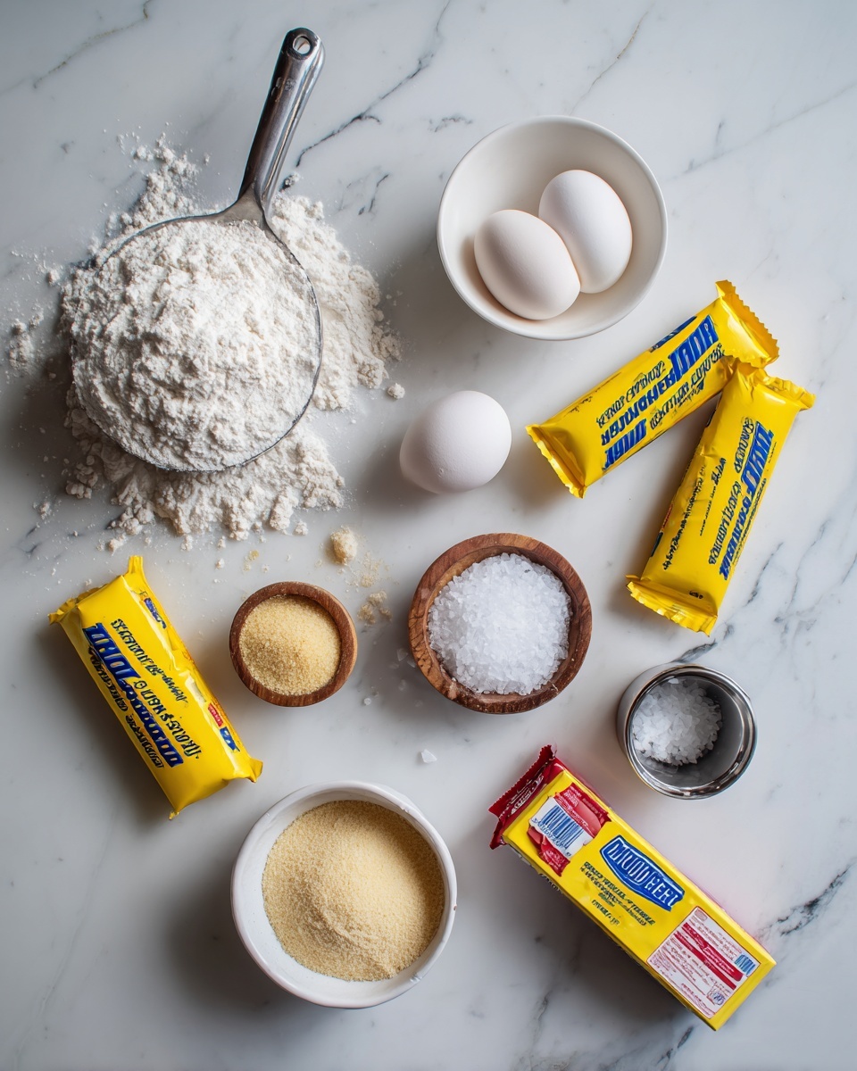 A top-down view of baking ingredients arranged neatly on a white marbled surface, including a metal measuring cup filled with white flour on the left, two white eggs inside a small white bowl above the flour, and a small wooden bowl of baking powder next to them. Scattered around are several bright yellow Butterfinger candy bars with blue text, creating a pop of color. Below the Butterfingers is a white bowl containing light brown sugar with a soft texture. Near the bottom right is a wrapped stick of unsalted butter with a red and white label, and next to it is a small black bottle with a red cap. There is also a metal measuring cup filled with white granulated sugar and another small wooden bowl holding coarse salt. Light crumbs from the candy bars are scattered lightly around the setup. Photo taken with an iphone --ar 4:5 --v 7