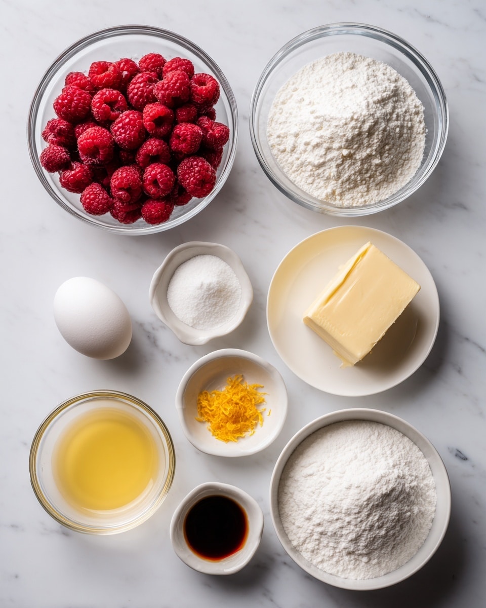 The image shows various baking ingredients arranged neatly on a white marbled surface. There is a clear bowl filled with bright red raspberries positioned near the center left. Above it, a clear bowl holds a mound of white powdered sugar. To the right, a small white plate contains a square of pale yellow butter. Below the butter, a small white bowl has a light yellow liquid, likely melted butter or oil. Near the bottom right, a larger clear bowl is filled with white granulated sugar. To the bottom left, a white egg rests on the surface. In the middle, a small clear bowl with white baking powder or soda and a small white bowl with orange/yellow lemon zest are seen. Finally, a tiny white bowl of dark brown vanilla extract sits near the egg. The overall layout is clean and organized, with soft natural lighting coming from above. Photo taken with an iphone --ar 4:5 --v 7