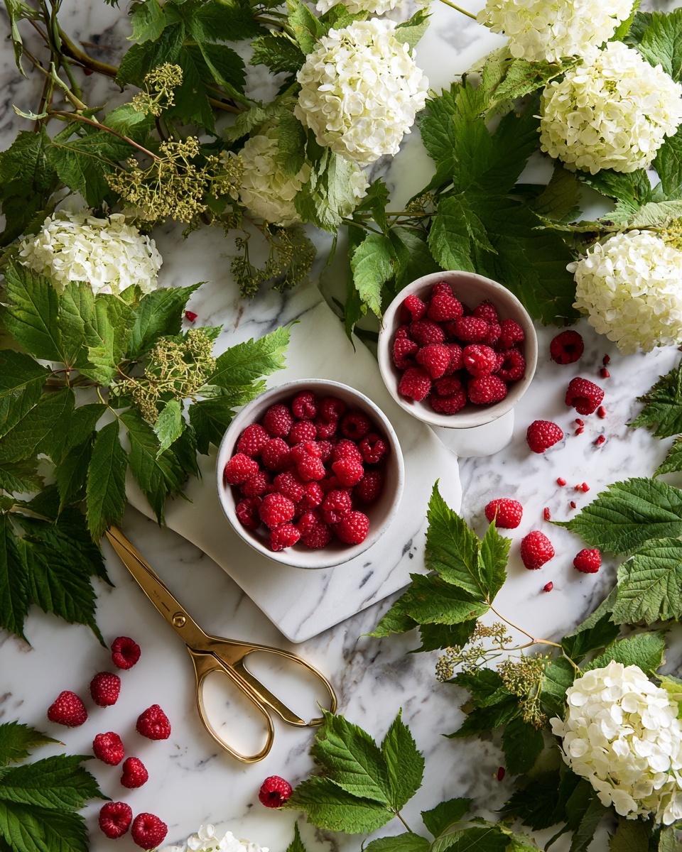 The image shows a white marbled surface covered with many green leaves and clumps of white hydrangea flowers spread around. There are two white bowls filled with red raspberries placed among the leaves, with some raspberries scattered on the surface and on a white cutting board in the center. Golden scissors are on the left side among the leaves and raspberries. The scene looks fresh and natural with a mix of green, white, and red colors. photo taken with an iphone --ar 4:5 --v 7